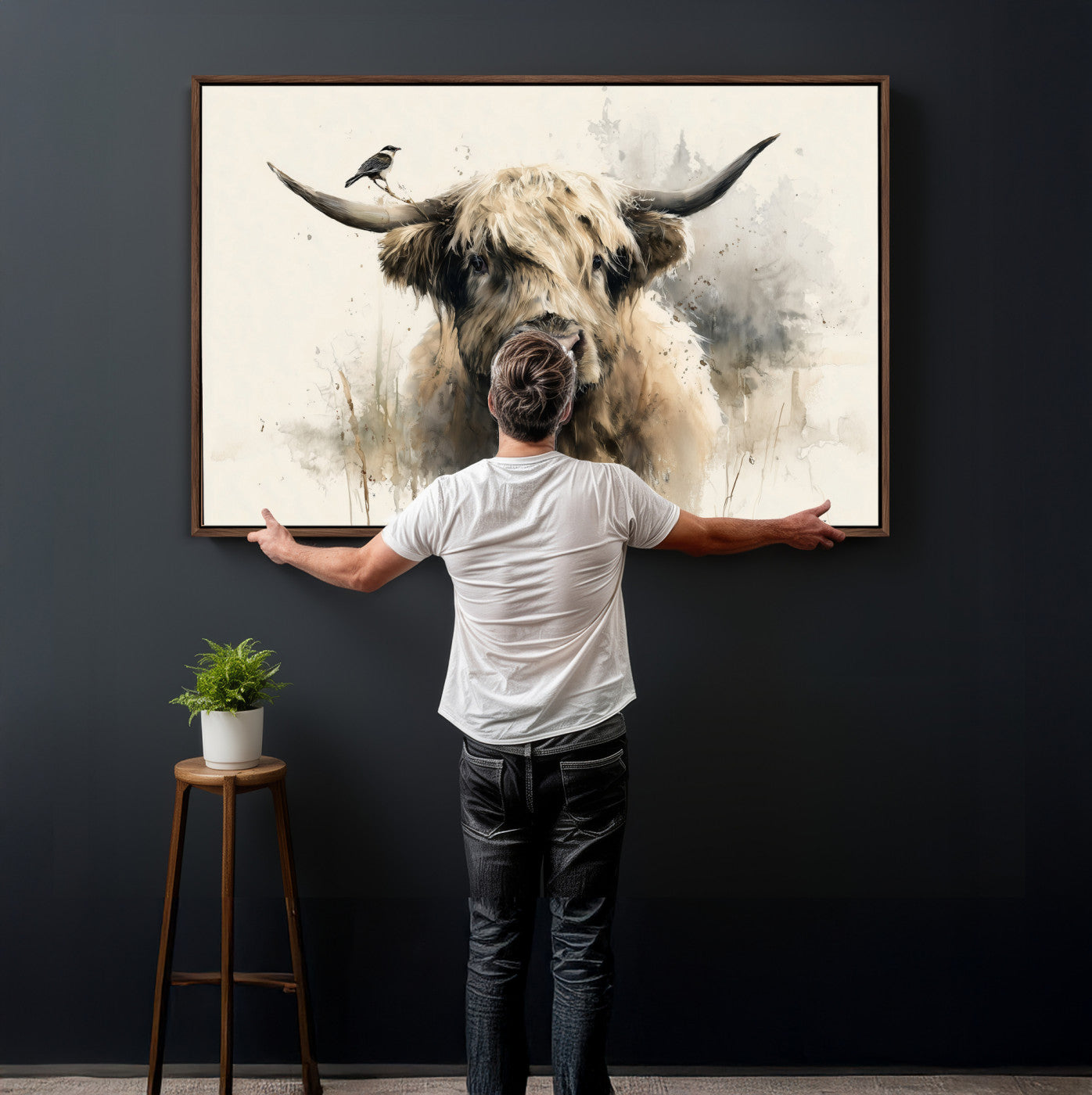98249290-MGV-CV-36X24 - Abstract Highland Cow Watercolor Animal Wall Art Canvas Print, Rustic Farm Cattle Portrait Canvas Print, Neutral Wildlife Farmhouse Art Printing