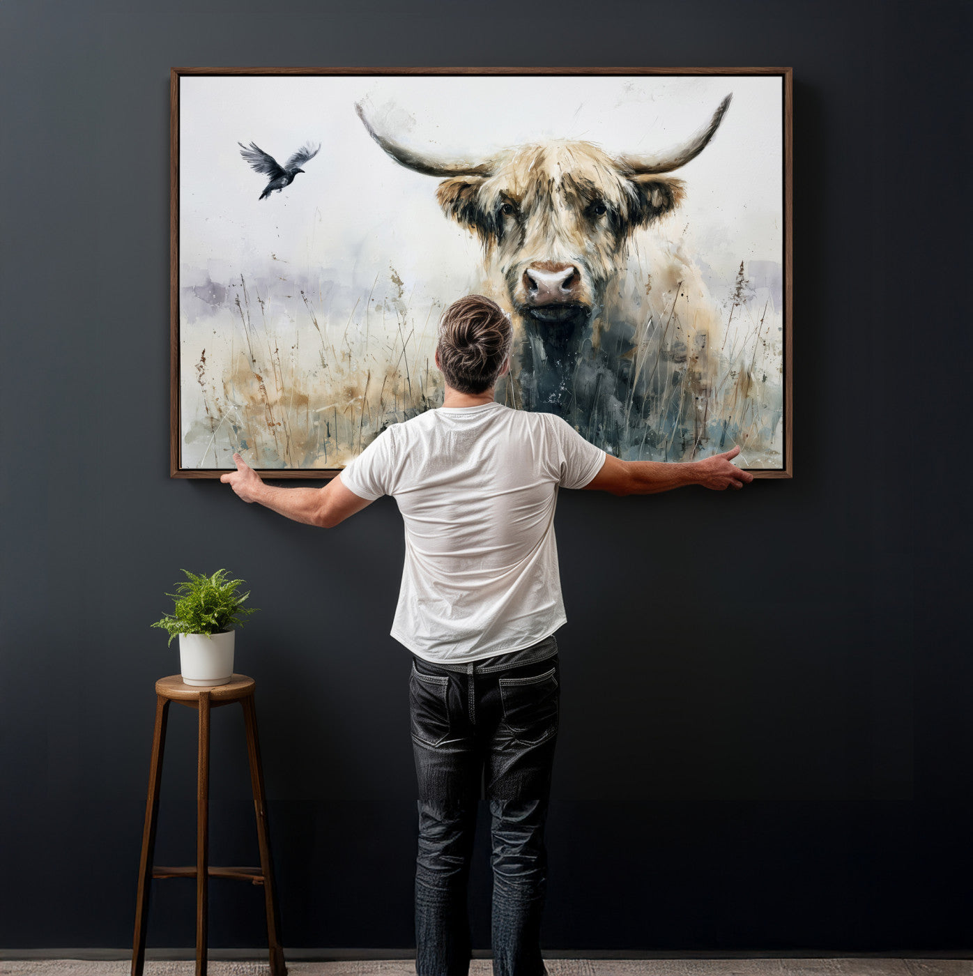 55652651-MGV-CV-36X24 - Abstract Highland Cow Watercolor Animal Wall Art Canvas Print, Rustic Farm Cattle Portrait Canvas Print, Neutral Wildlife Farmhouse Art Printing