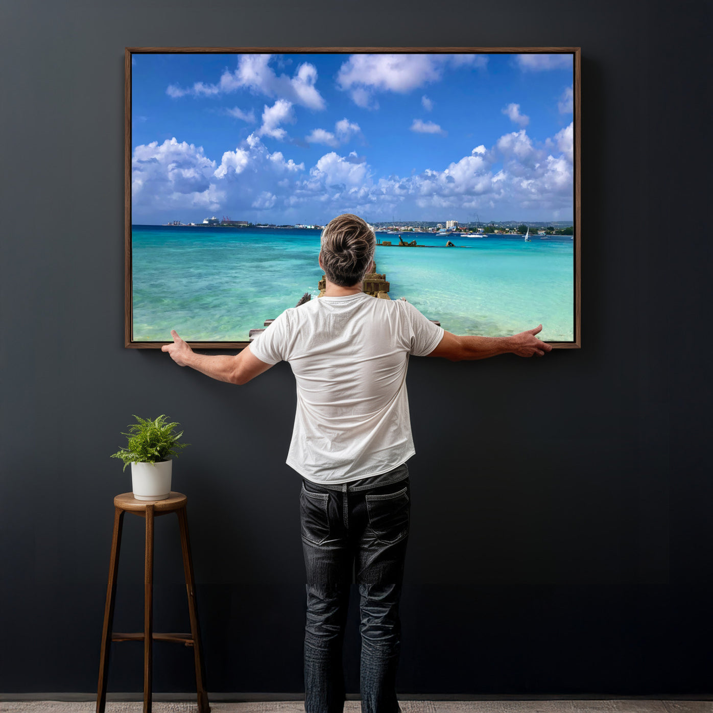 43165024-MGV-CV-36X24 - Caribbean Ocean Pier Seascape Wall Art Canvas Print, Turquoise Sea Tropical Harbor Canvas Print, Island Coastal Blue Water Scenic Art Printing