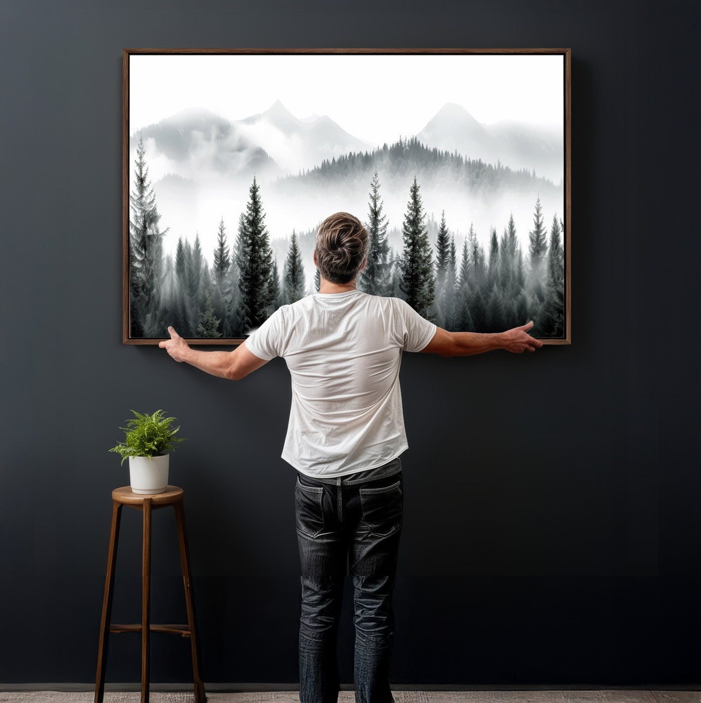 38819032-MGV-CV-36X24 - Misty Pine Forest Mountain Landscape Wall Art Canvas Print, Foggy Evergreen Trees Minimal Nature Canvas Print, Monochrome Wilderness Scenic Art Printing