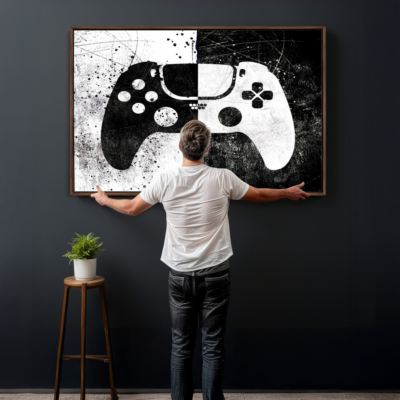 17525128-MGV-CV-36X24 - Abstract Gaming Controller Wall Art Canvas Print, Black White Video Game Controller Modern Canvas Print, Minimal Gamer Graphic Art Printing