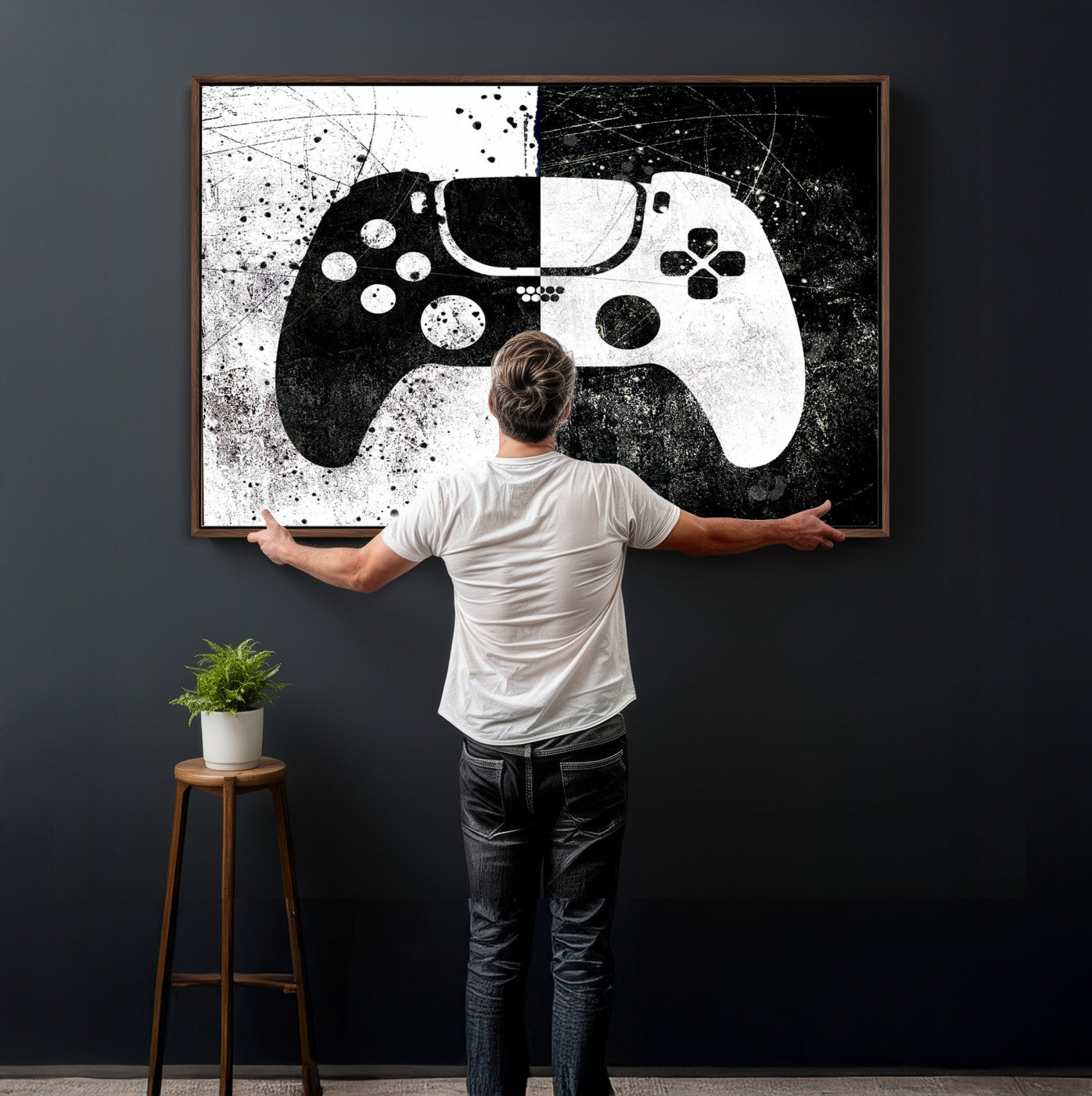 17525128-MGV-CV-36X24 - Abstract Gaming Controller Wall Art Canvas Print, Black White Video Game Controller Modern Canvas Print, Minimal Gamer Graphic Art Printing