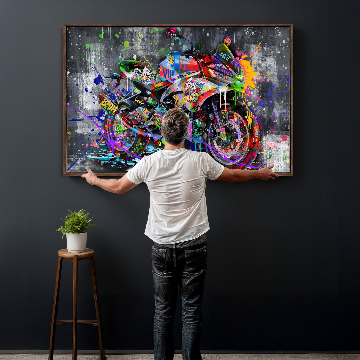 83021767-MGV-CV-36X24 - Graffiti Motorcycle Wall Art Canvas Print, Urban Street Art Motorbike Decor, Colorful Graffiti Sports Bike Artwork