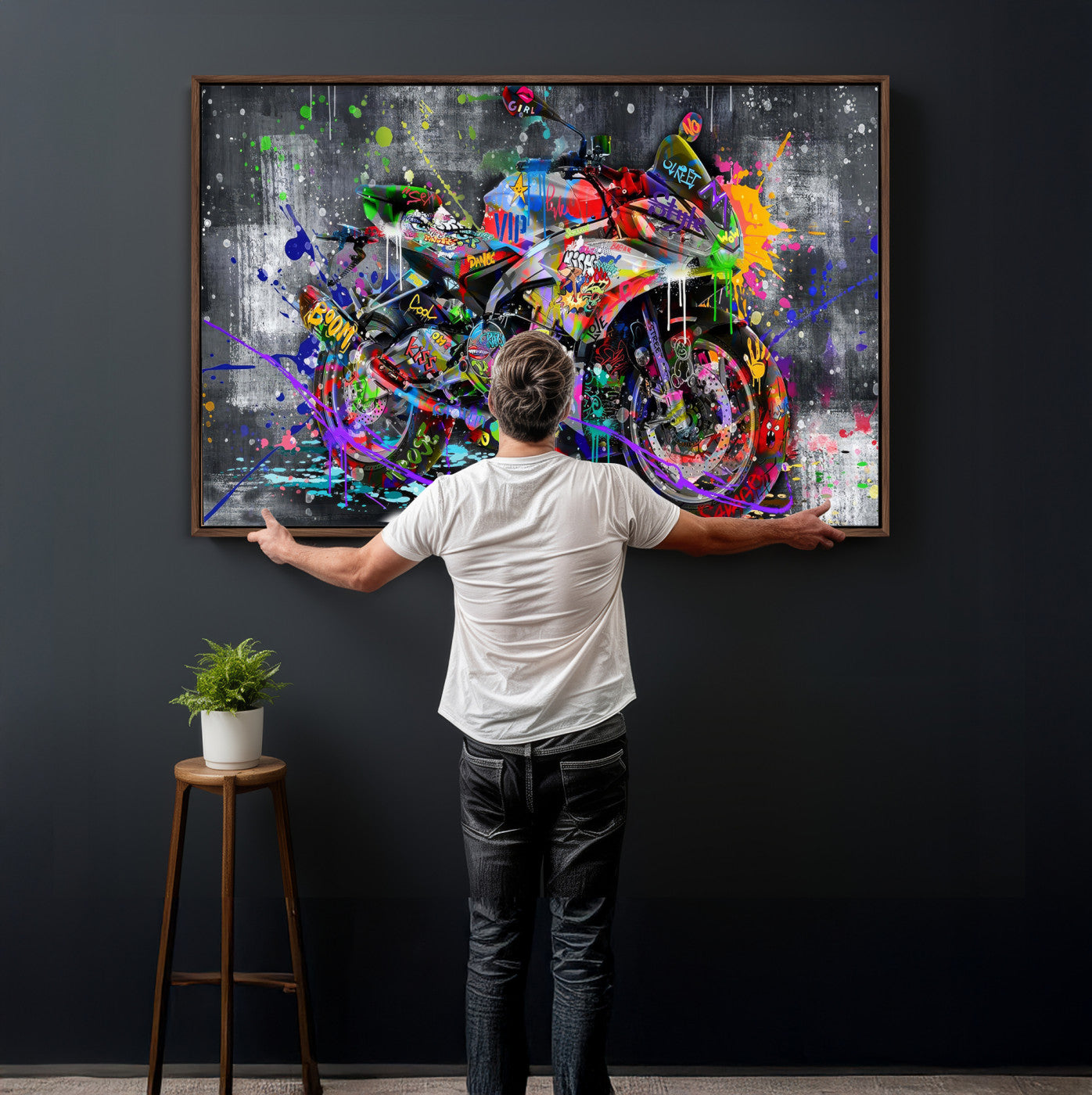 83021767-MGV-CV-36X24 - Graffiti Motorcycle Wall Art Canvas Print, Urban Street Art Motorbike Decor, Colorful Graffiti Sports Bike Artwork