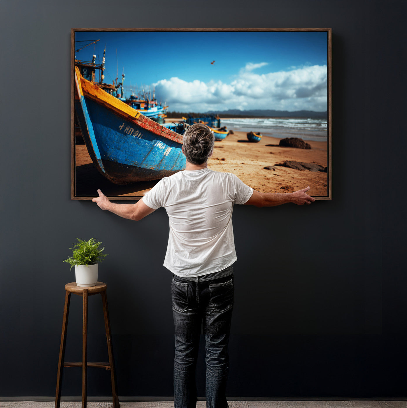 70925201-MGV-CV-36X24 - Fishing Boats Wall Art Canvas Print, Coastal Boat Beach Scene, Nautical Seaside Artwork, Ocean Shore Decor, Coastal Home Wall Art