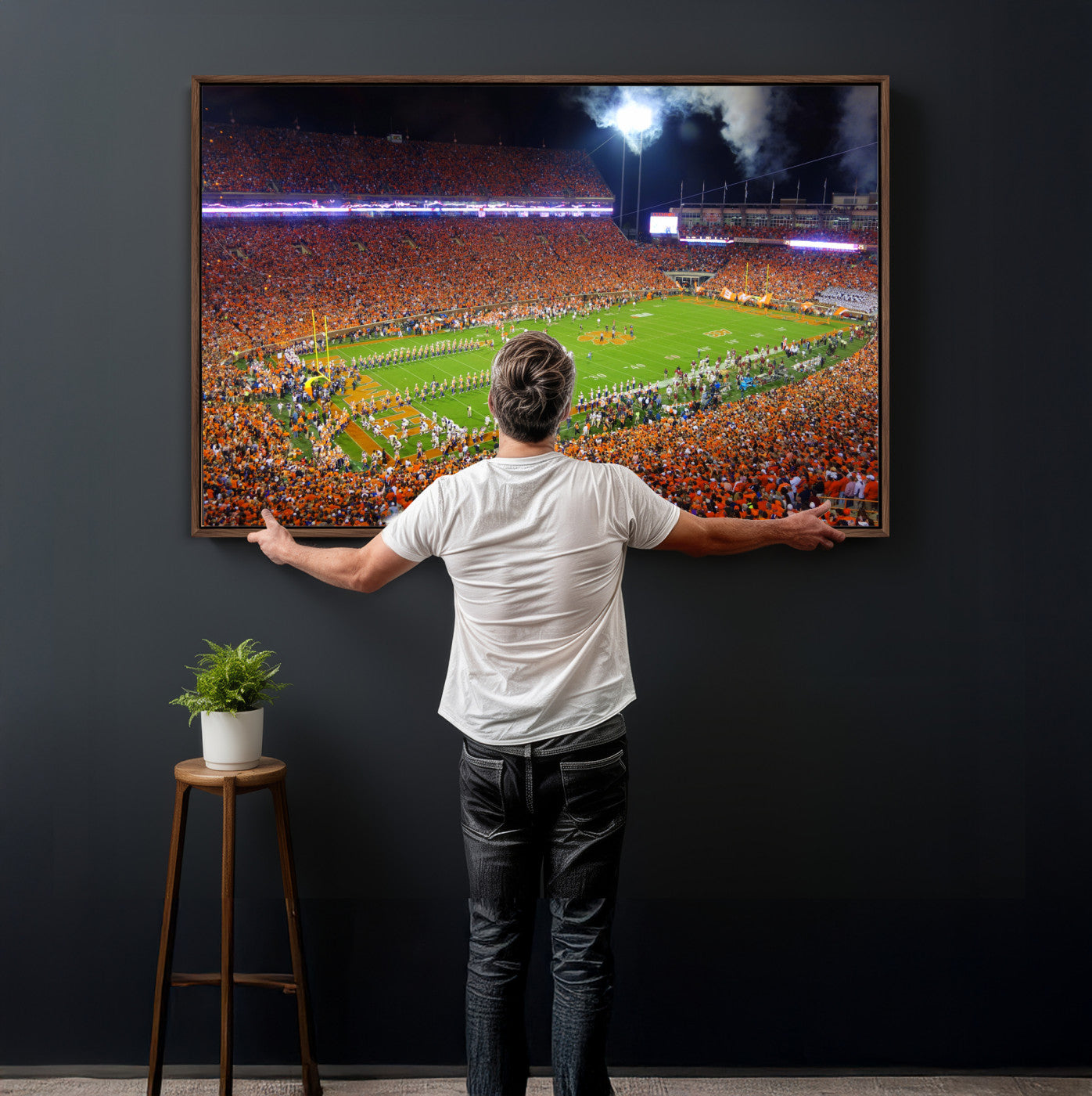 43662631-MGV-CV-36X24 - Clemson Football Stadium Wall Art Canvas Print, College Football Crowd Night Game Scene, Orange Stadium Panorama Wall Decor