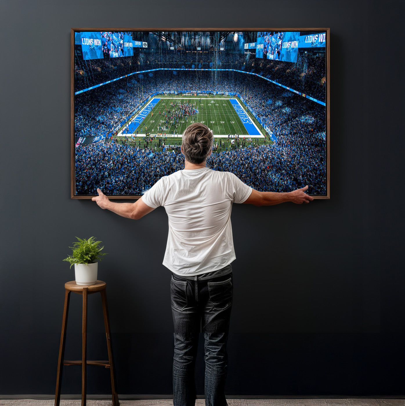 80882005-MGV-CV-36X24 - Detroit Lions Stadium Wall Art Canvas Print, Football Field Panorama Artwork, NFL Game Night Stadium Decor
