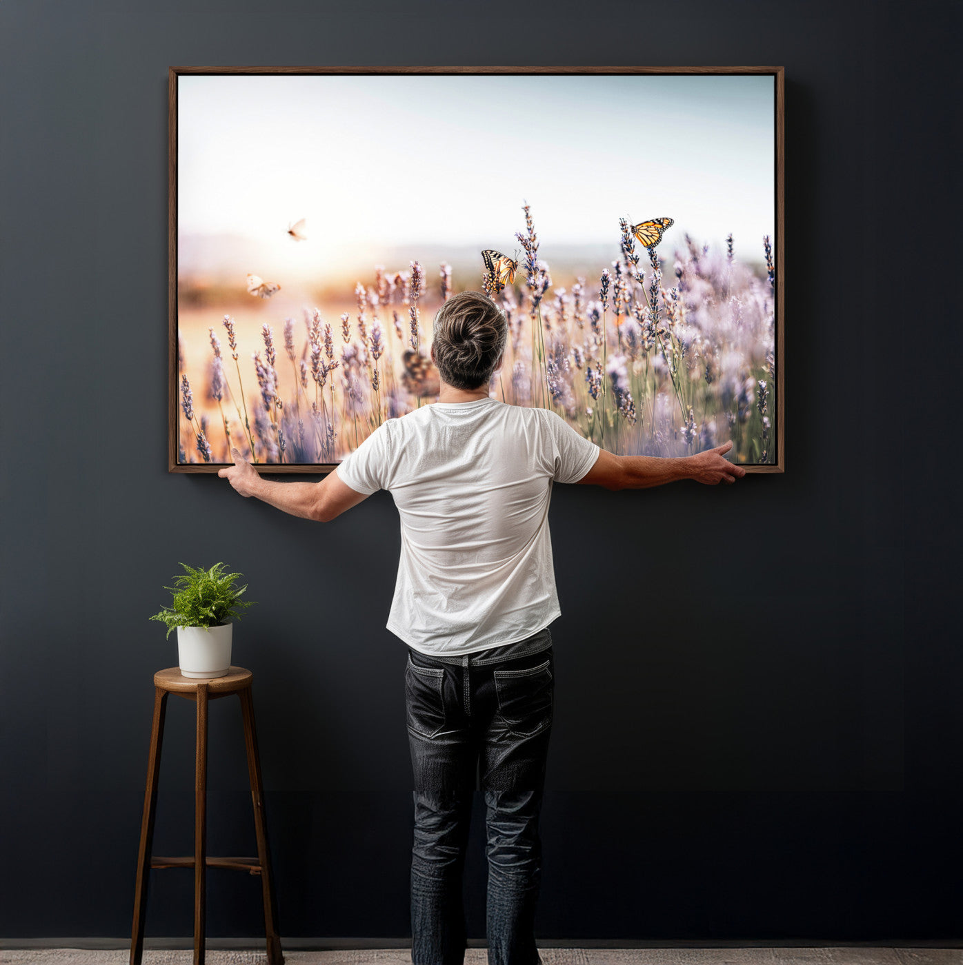 46417478-MGV-CV-36X24 - Lavender Field Wall Art Canvas Print, Butterfly Floral Landscape Art, Soft Nature Wall Decor for Bedroom