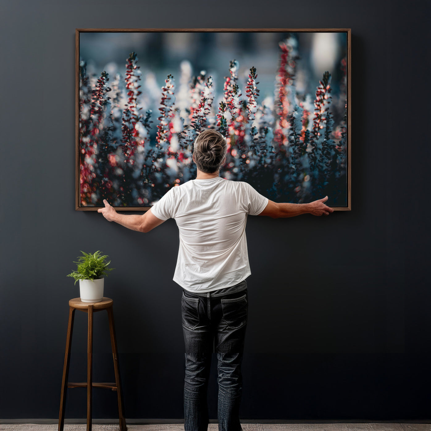 82063935-MGV-CV-36X24 - Winter Heather Wall Art Canvas Print, Frosted Floral Nature Art, Moody Botanical Wall Decor
