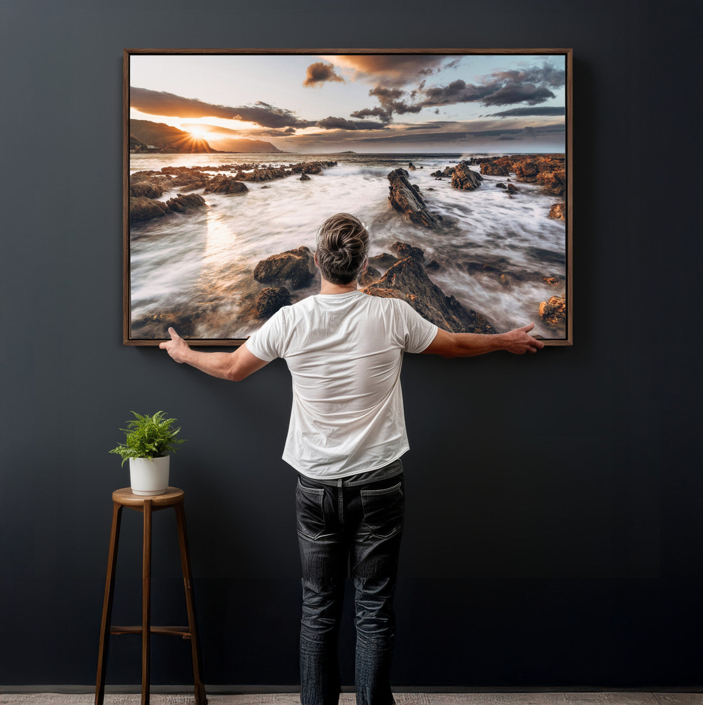 66746024-MGV-CV-36X24 - Rocky Coast Ocean Sunset Wall Art Canvas Print, Dramatic Seascape Nature Wall Decor for Living Room and Office