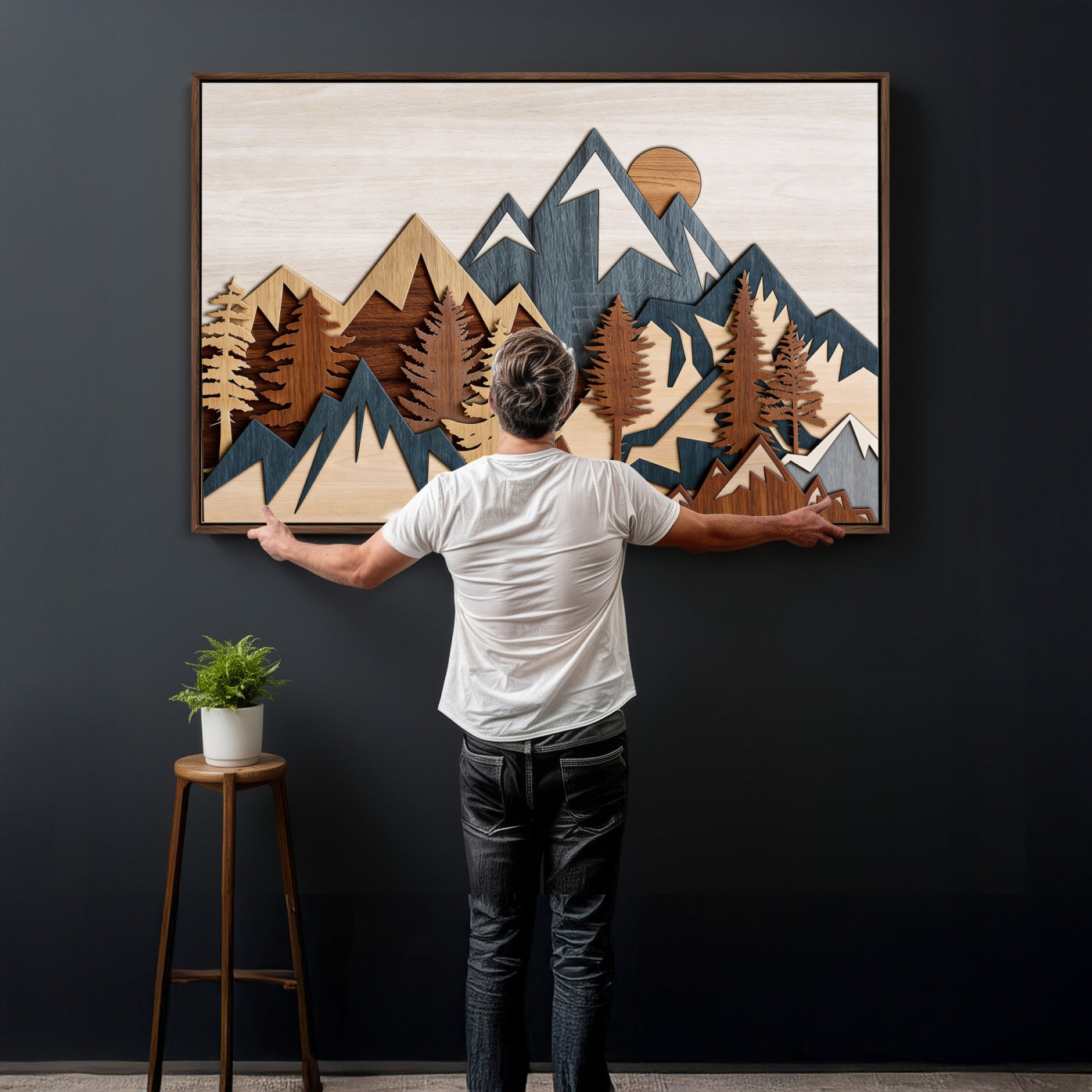 39888898-MGV-CV-36X24 - Layered Wooden Mountain Wall Art Canvas Print, Modern Rustic Forest and Pine Landscape Wall Decor