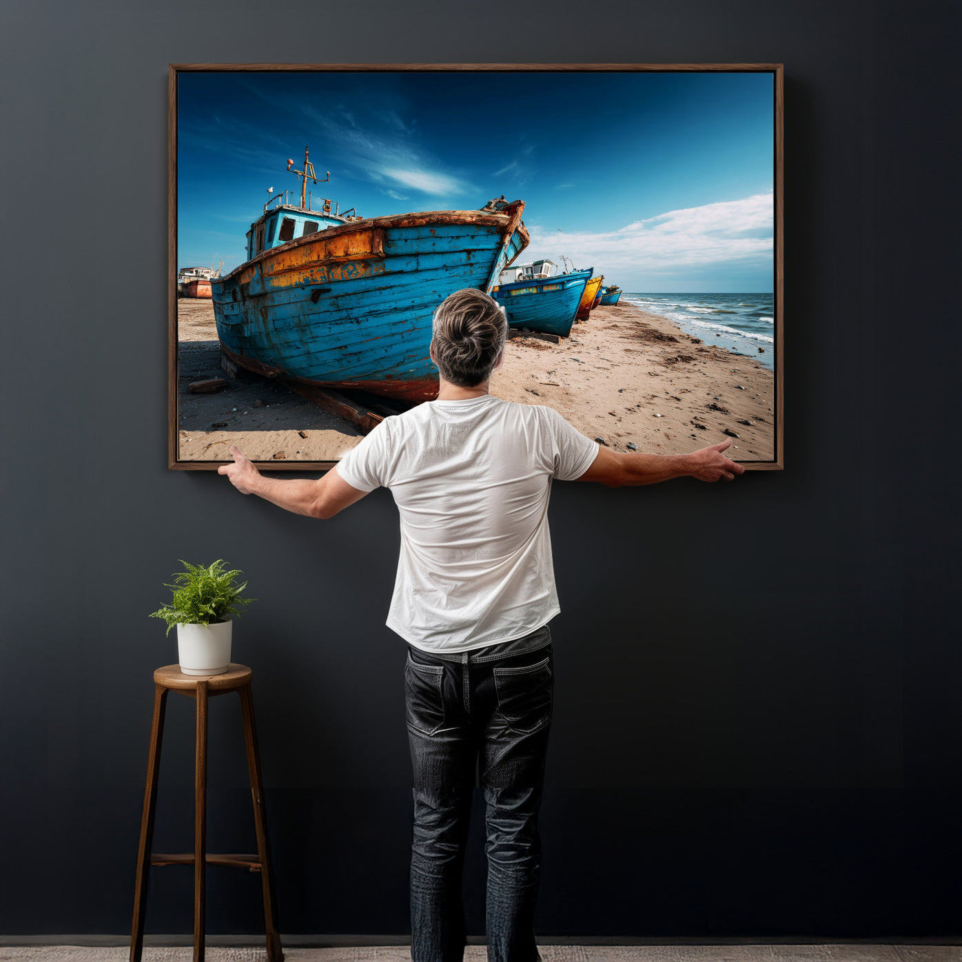 99726300-MGV-CV-36X24 - Coastal Fishing Boats Wall Art Canvas Print, Sunset Beach Boat Scene, Rustic Seaside Landscape Artwork, Calm Ocean Shore Wall Art