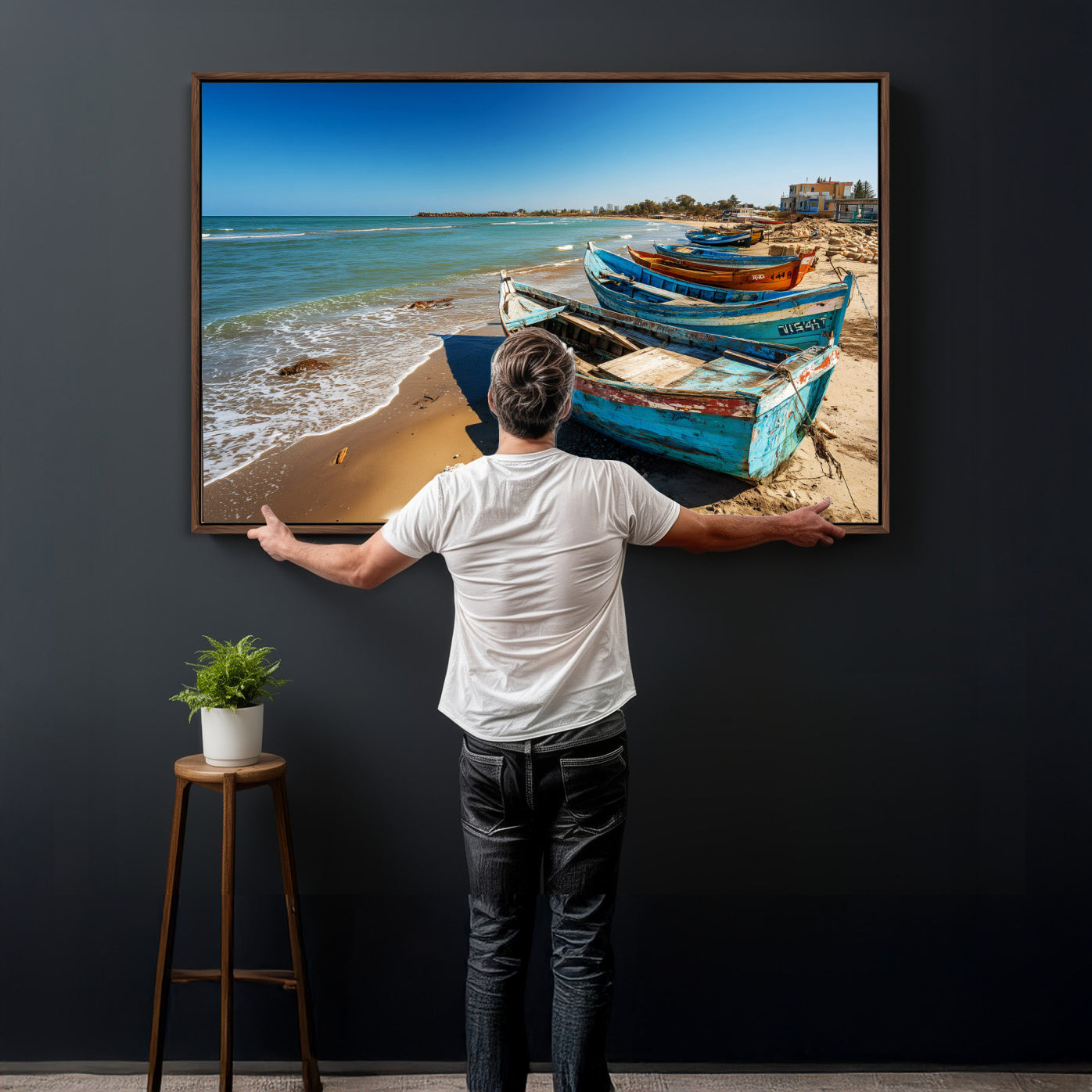 23003319-MGV-CV-36X24 - Coastal Fishing Boats Wall Art Canvas Print, Sunset Beach Boat Scene, Rustic Seaside Landscape Artwork, Calm Ocean Shore Wall Art