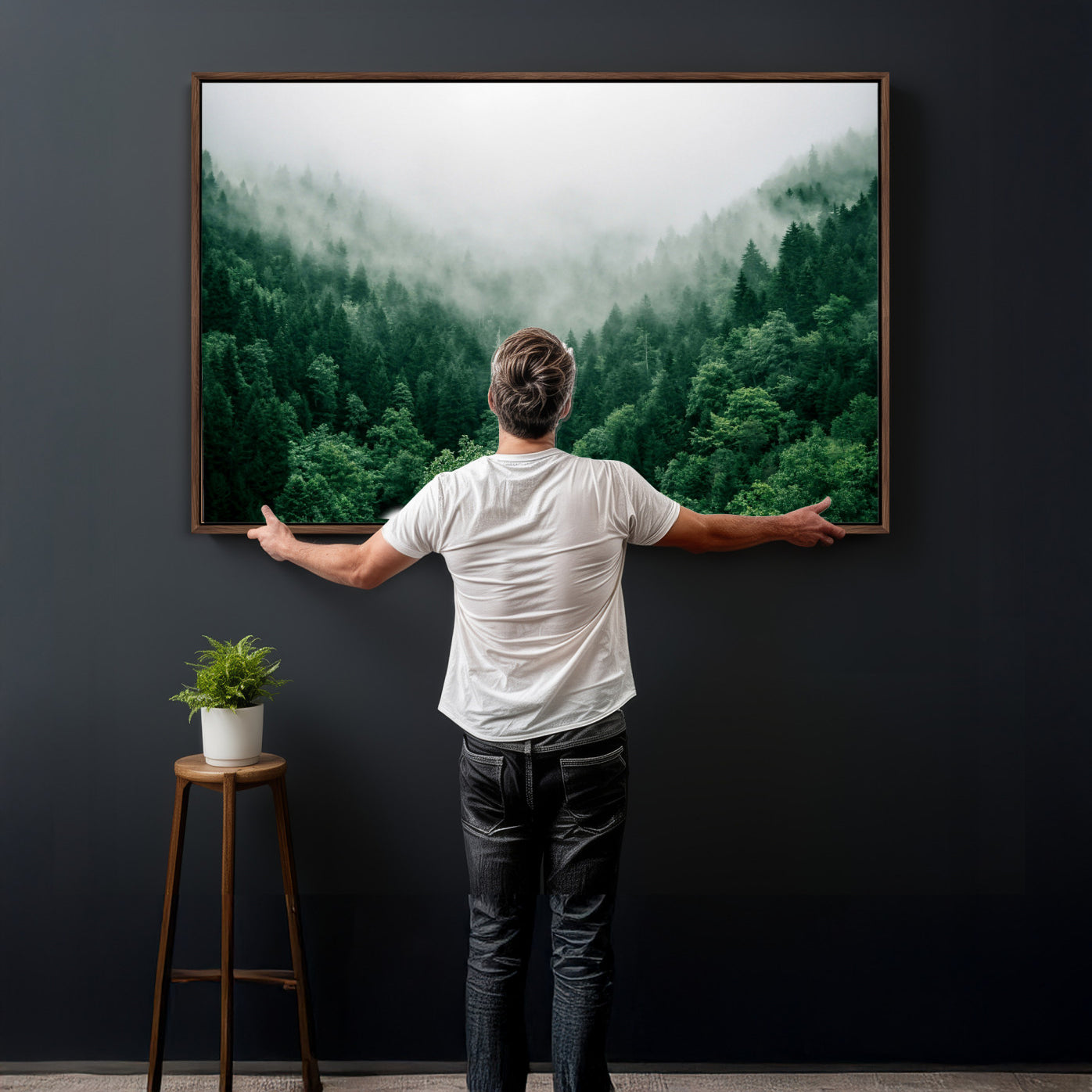 61640815-MGV-CV-36X24 - Misty Pine Forest Wall Art Canvas Print, Foggy Evergreen Landscape Wall Decor, Moody Green Nature Artwork, Minimal Forest Canvas Wall Art, Framed Canvas Wall Art Ready to Hang