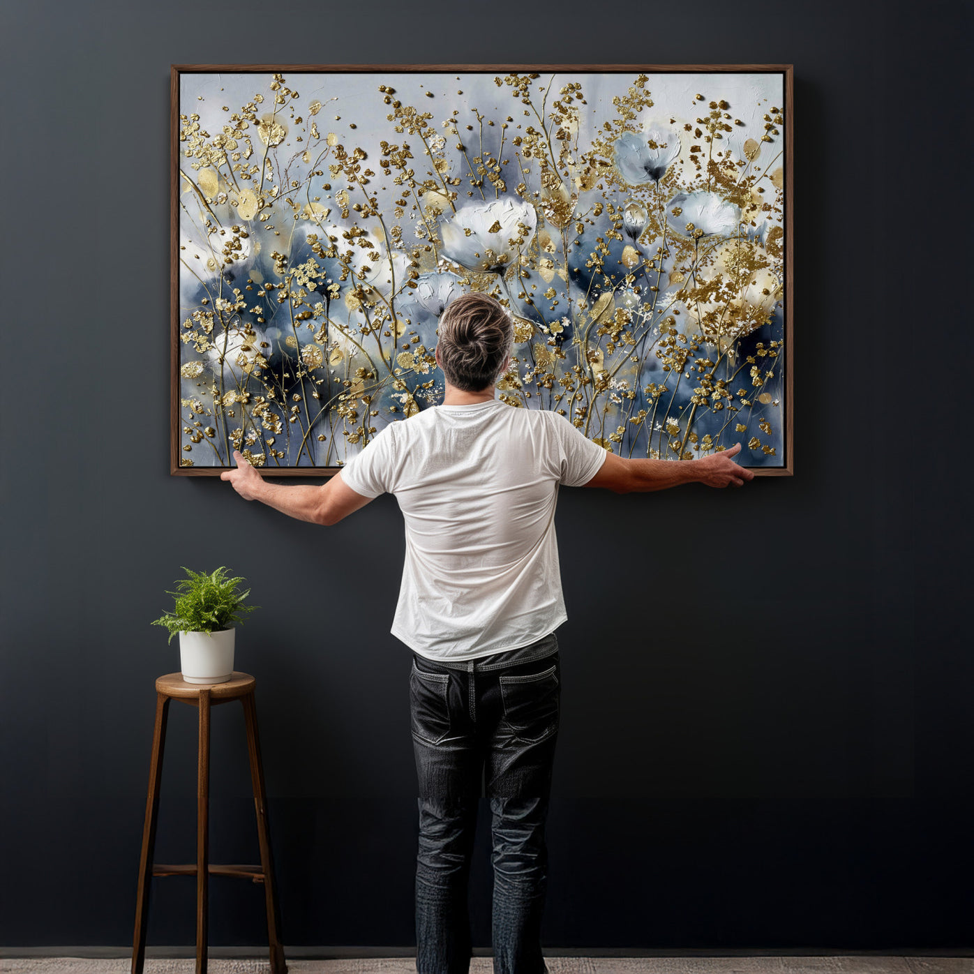 24499670-MGV-CV-36X24 - Abstract Floral Wall Art Canvas Print – Gold and Blue Botanical Artwork for Living Room, Bedroom, and Office Decor