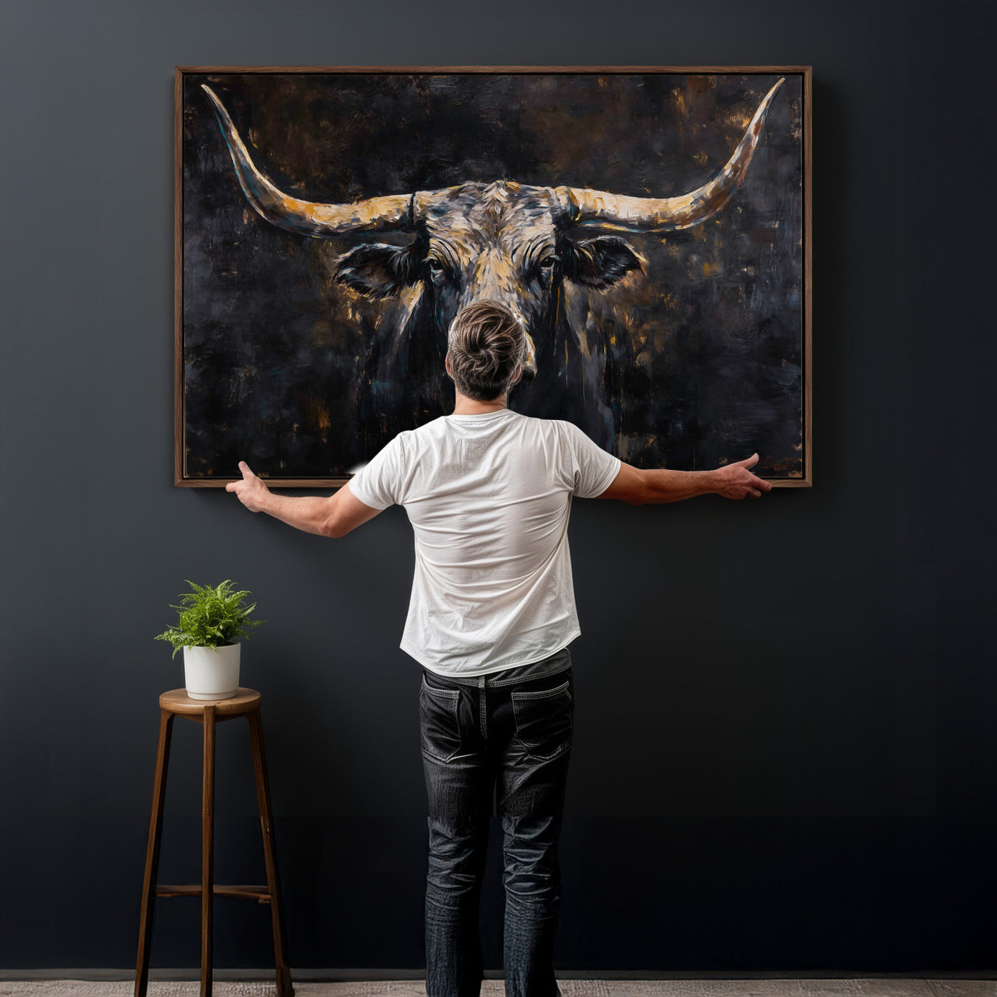17622011-MGV-CV-36X24 - Abstract Longhorn Bull Wall Art Canvas Print – Dark Rustic Western Cattle Artwork for Farmhouse, Ranch, Cabin, and Office Decor