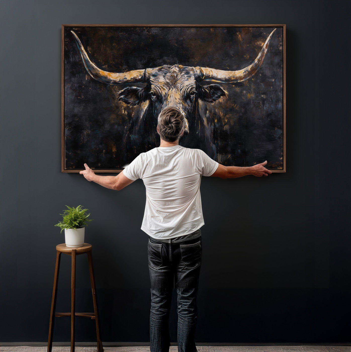 17622011-MGV-CV-36X24 - Abstract Longhorn Bull Wall Art Canvas Print – Dark Rustic Western Cattle Artwork for Farmhouse, Ranch, Cabin, and Office Decor