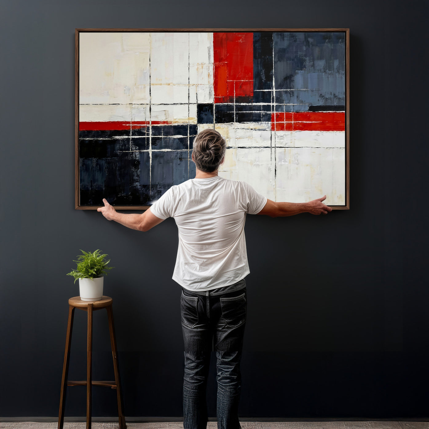 11921181-MGV-CV-36X24 - Navy Red Abstract Wall Art Canvas Print, Modern Luxury Geometric Painting Wall Decor for Living Room and Office