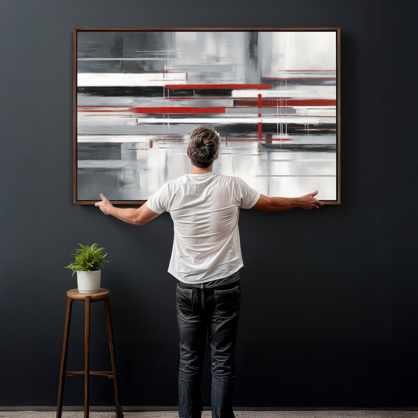62640681-MGV-CV-36X24 - Gray Red Abstract Wall Art Canvas Print, Modern Abstract Canvas Wall Decor for Contemporary Living Room and Office