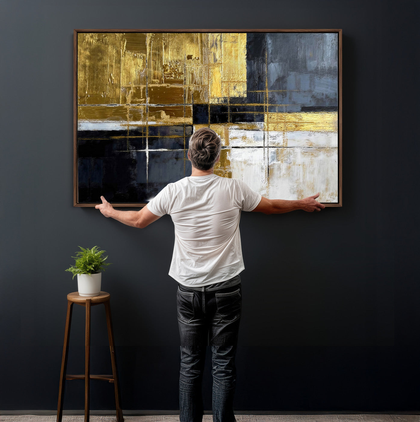 76917030-MGV-CV-36X24 - Gold Navy Abstract Wall Art Canvas Print, Modern Luxury Geometric Painting Wall Decor for Living Room and Office