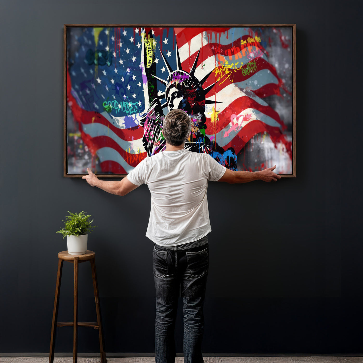 32151941-MGV-CV-36X24 - USA Statue of Liberty Graffiti Street Art Wall Art Canvas Print, American Flag Urban Pop Art Canvas Print, Modern Patriotic Street Art Contemporary Art Printing