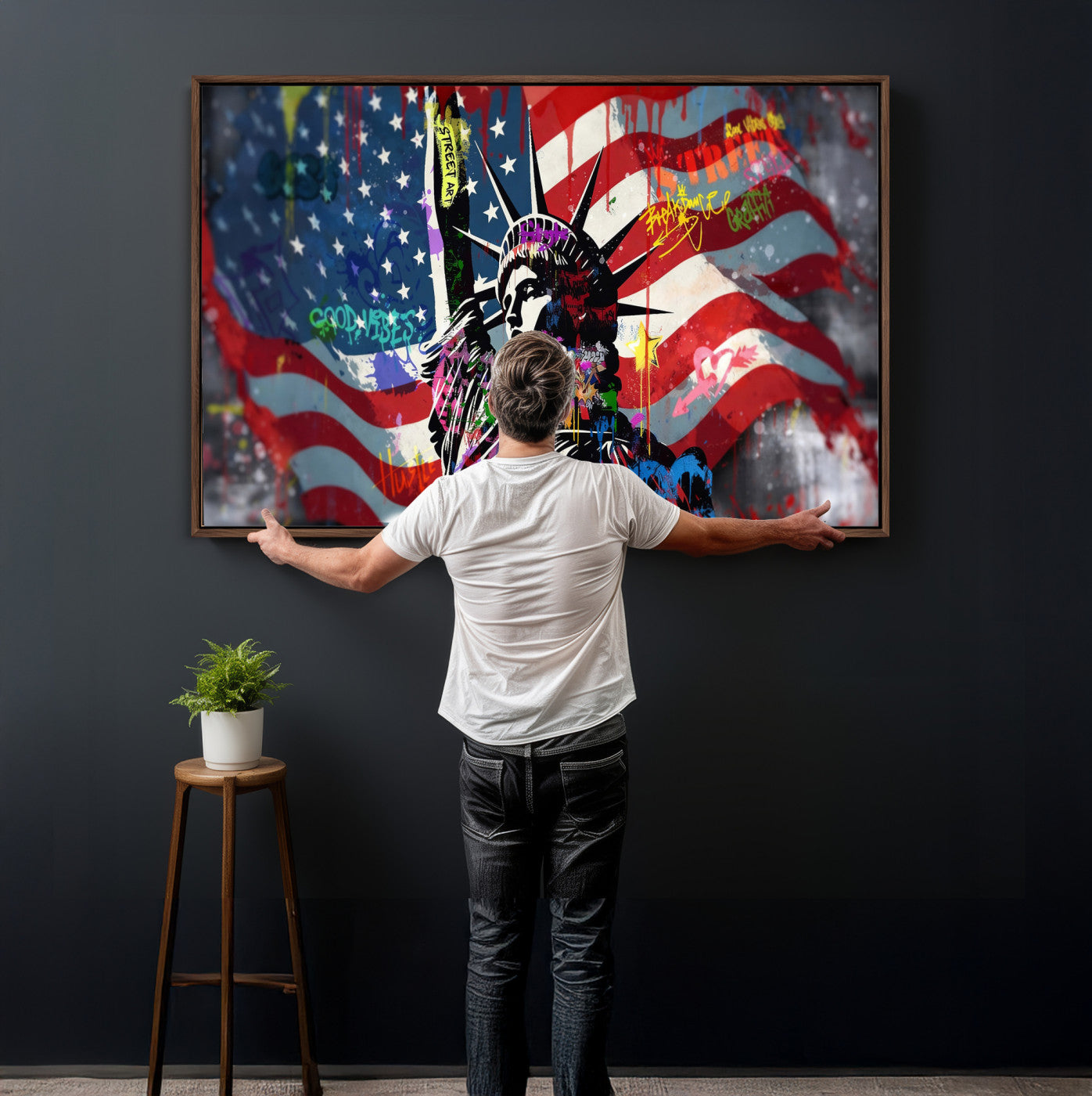 32151941-MGV-CV-36X24 - USA Statue of Liberty Graffiti Street Art Wall Art Canvas Print, American Flag Urban Pop Art Canvas Print, Modern Patriotic Street Art Contemporary Art Printing