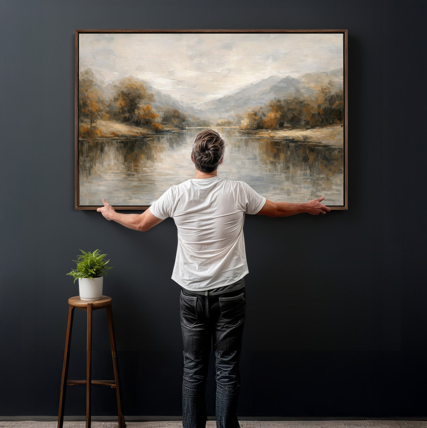 29251761-MGV-CV-36X24 - Neutral Abstract River Landscape Wall Art Canvas Print, Modern Minimal Nature Reflection Canvas Print, Beige Gray Contemporary Mountain Art Printing