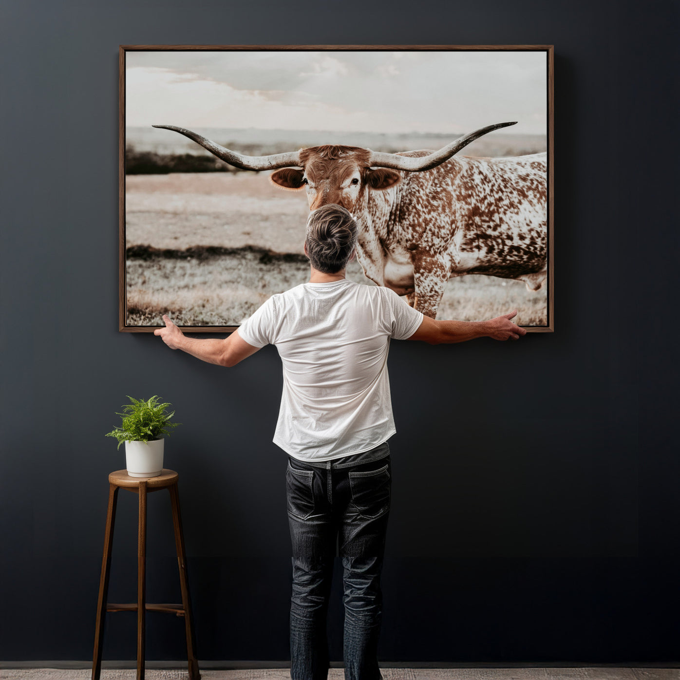 73897046-MGV-CV-36X24 - Texas Longhorn Bull Rustic Wall Art Canvas Print, Western Cattle Photography Canvas Print, Ranch Farm Animal Western Art Printing