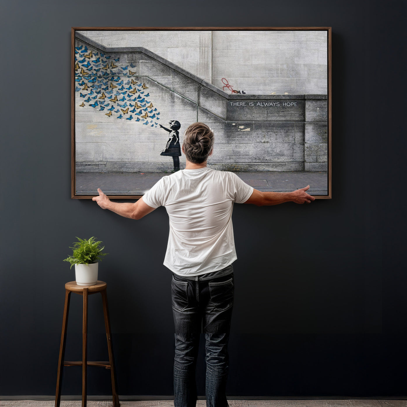 15274223-MGV-CV-36X24 - Banksy Girl with Butterflies Street Art Wall Art Canvas Print, Hope Graffiti Urban Art Canvas Print, Minimalist Inspirational Street Art Contemporary Art Printing