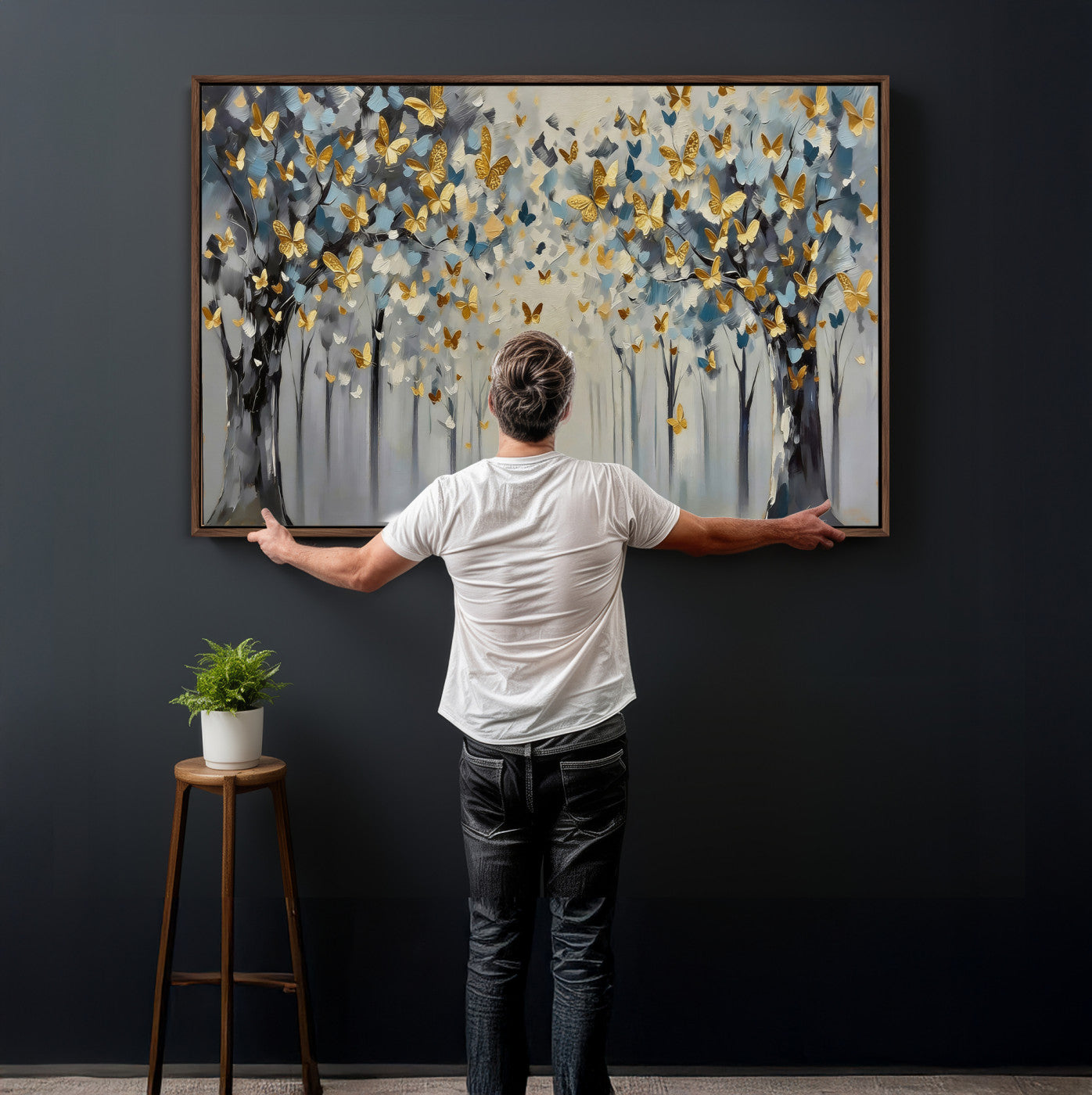 79208191-MGV-CV-36X24 - Golden Butterfly Tree Abstract Wall Art Canvas Print, Modern Elegant Nature Painting Canvas Print, Blue Gold Contemporary Floral Art Printing