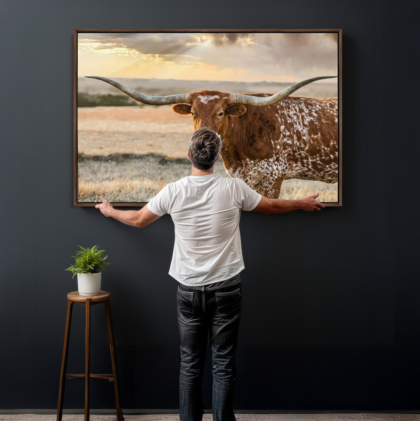 16502384-MGV-CV-36X24 - Texas Longhorn Wall Art Canvas Print, Western Ranch Bull Photography Canvas Print, Rustic Farmhouse Cattle Artwork for Living Room Decor