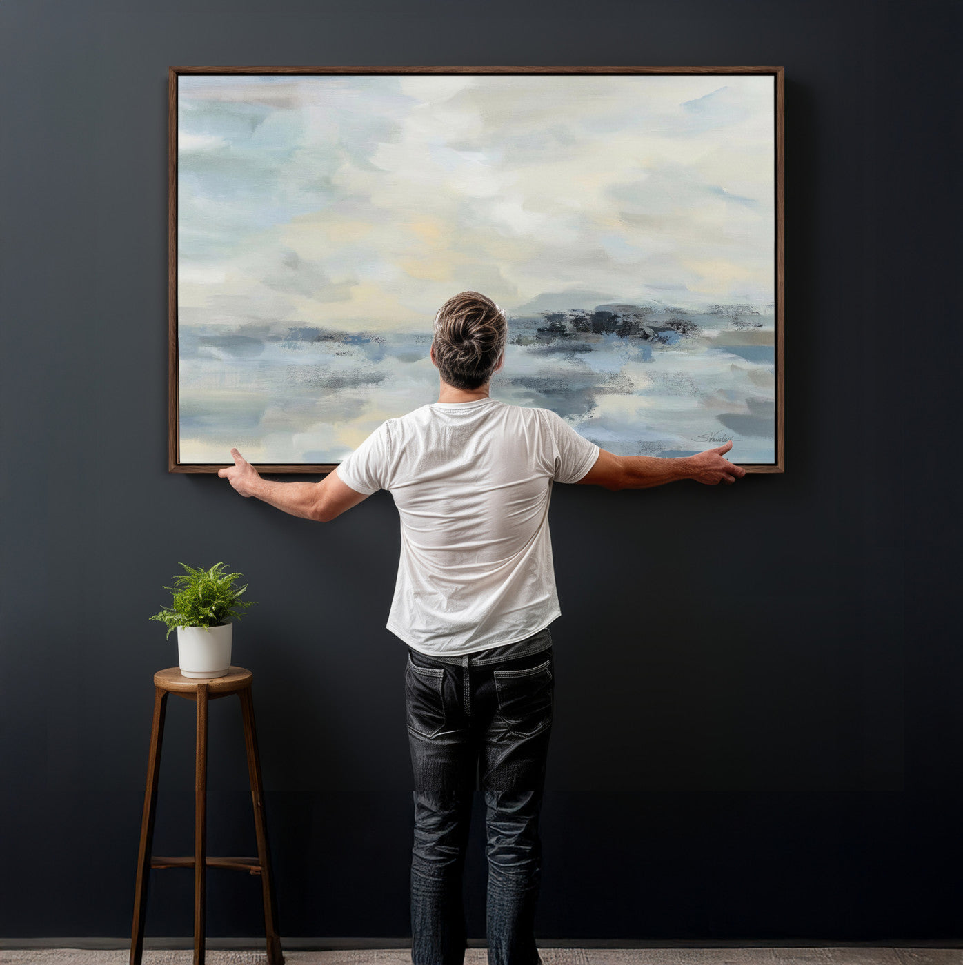 24647355-MGV-CV-36X24 - Abstract Coastal Landscape Wall Art Canvas Print – Soft Blue Gray Minimalist Painting