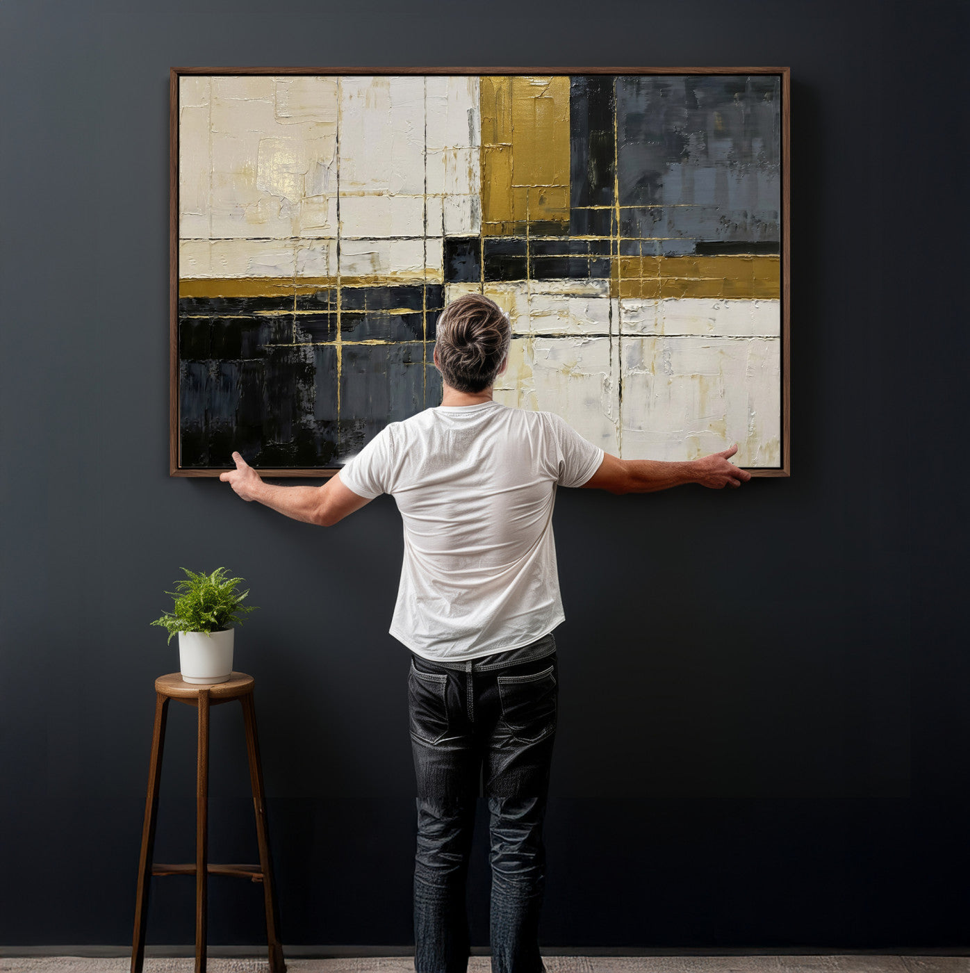 36097945-MGV-CV-36X24 - Abstract Gold and Black Wall Art Canvas Print – Modern Geometric Neutral Artwork for Living Room Decor