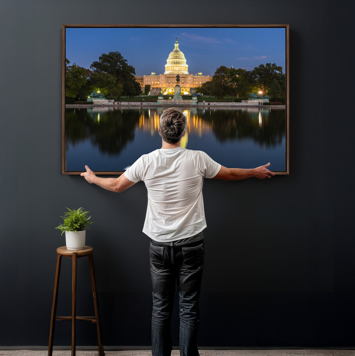 95568590-MGV-CV-36X24 - US Capitol Building Wall Art Canvas Print – Washington DC Landmark Night Reflection Artwork for Office Decor