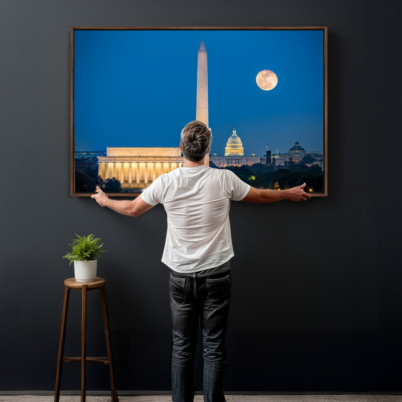 96712946-MGV-CV-36X24 - Washington DC Skyline Wall Art Canvas Print – Lincoln Memorial, Washington Monument and US Capitol Night Cityscape Artwork