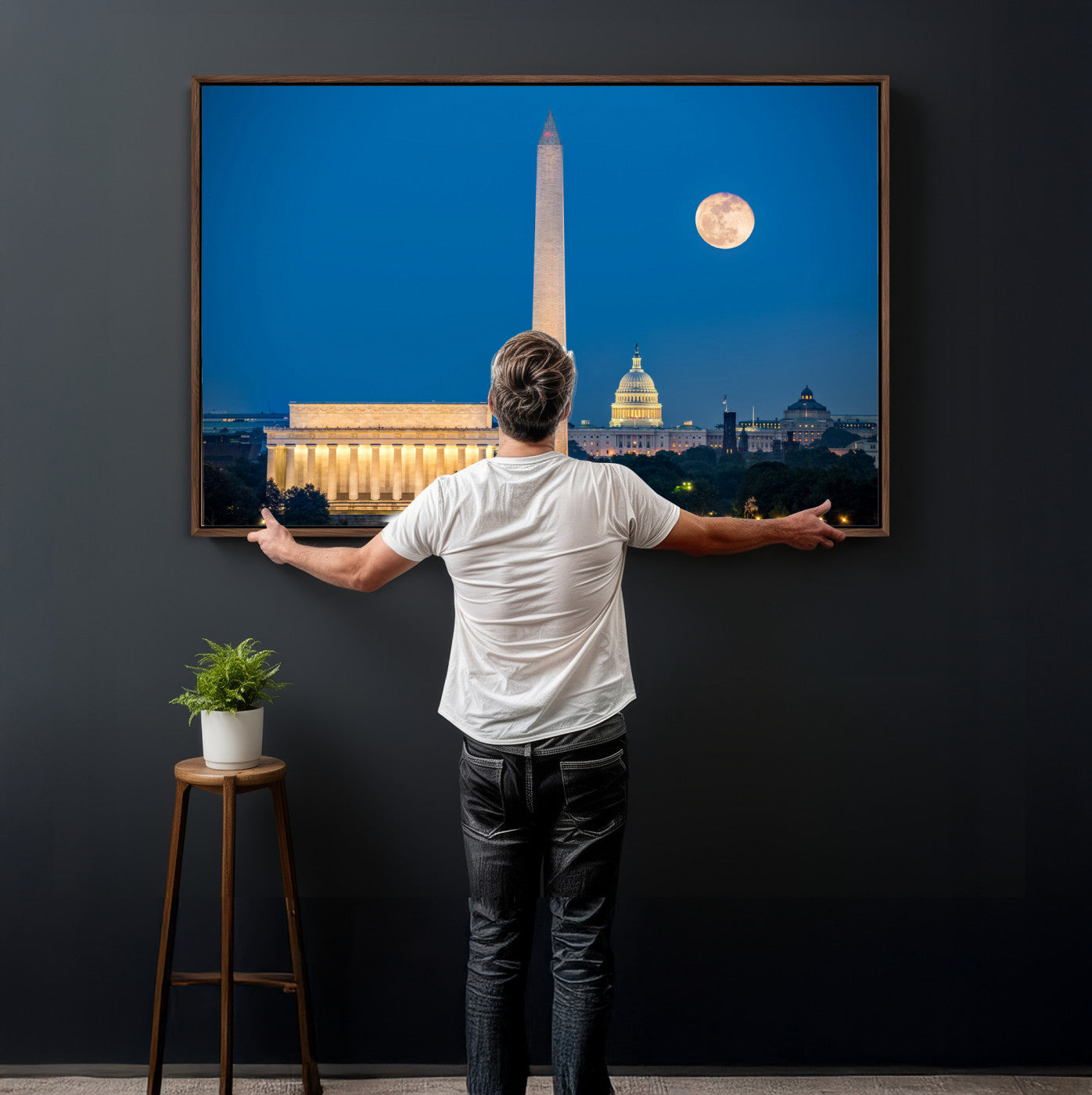 96712946-MGV-CV-36X24 - Washington DC Skyline Wall Art Canvas Print – Lincoln Memorial, Washington Monument and US Capitol Night Cityscape Artwork