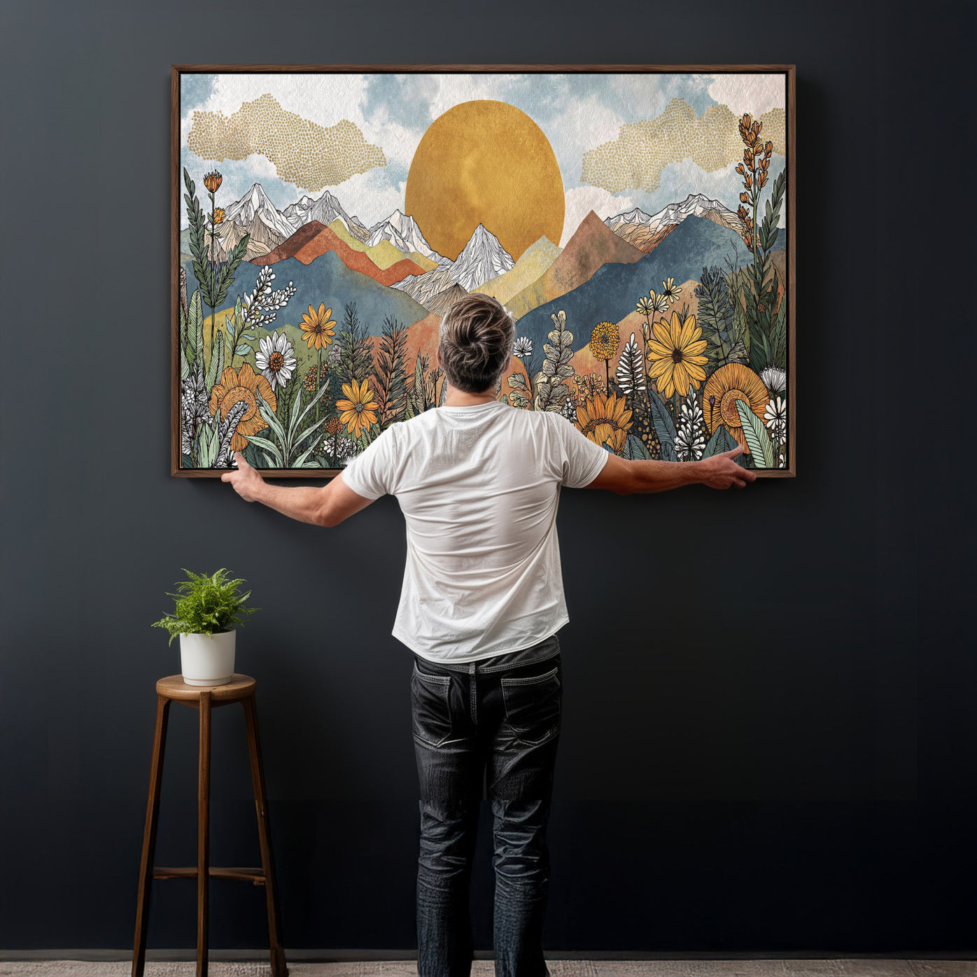 17540863-MGV-CV-36X24 - Boho Mountain Landscape Large Wall Art, Horizontal Gold Framed Canvas Print with Sun and Flowers