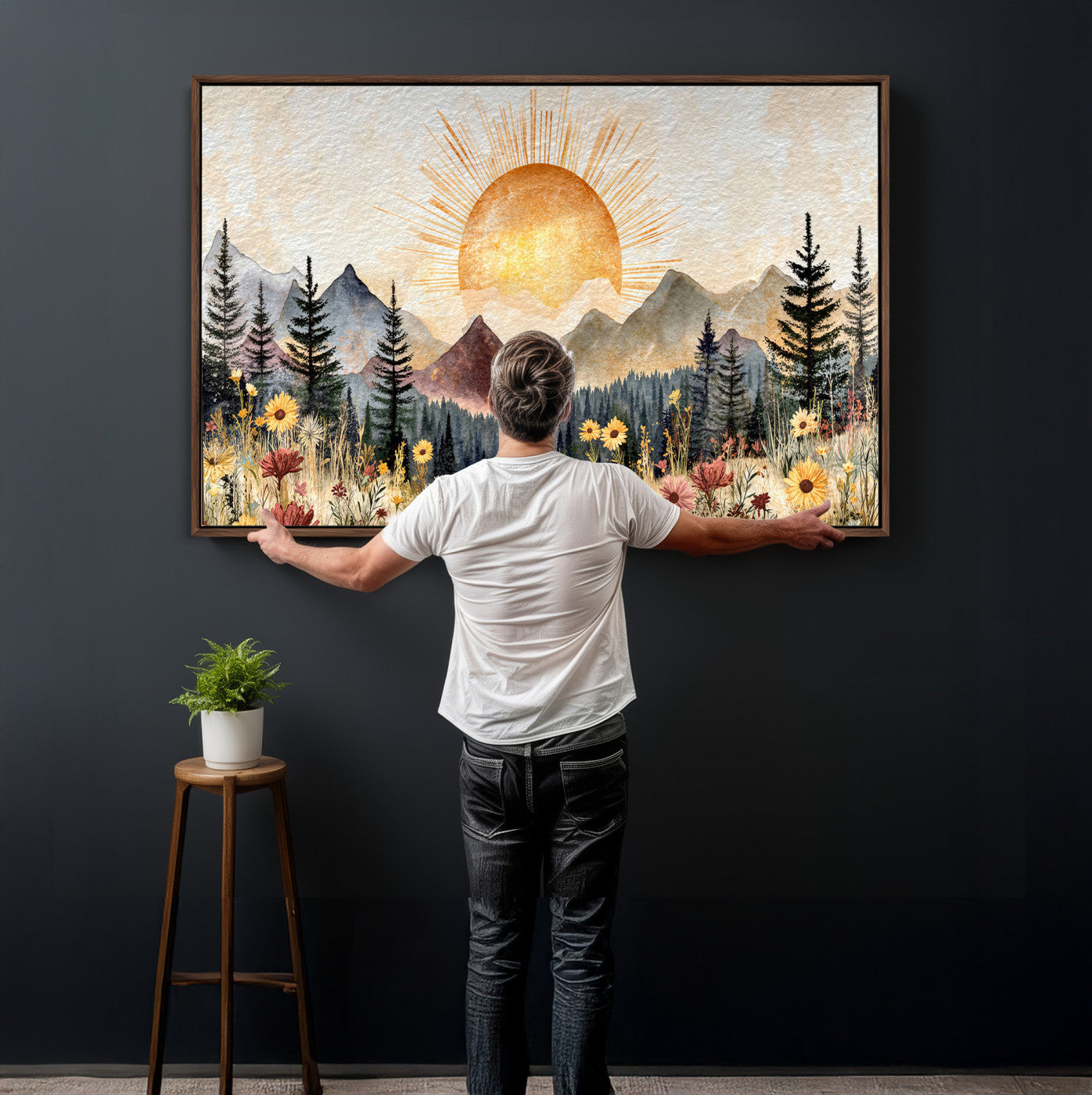69025244-MGV-CV-36X24 - Boho Mountain Landscape Large Wall Art, Horizontal Gold Framed Canvas Print with Sun and Flowers