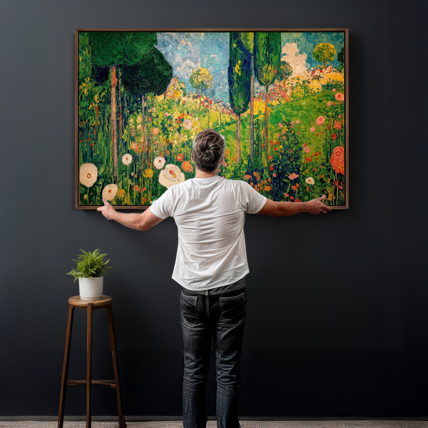 83517974-MGV-CV-36X24 - Gustav Klimt Boho Mountain Landscape Large Wall Art, Horizontal Gold Framed Canvas Print with Sun and Flowers