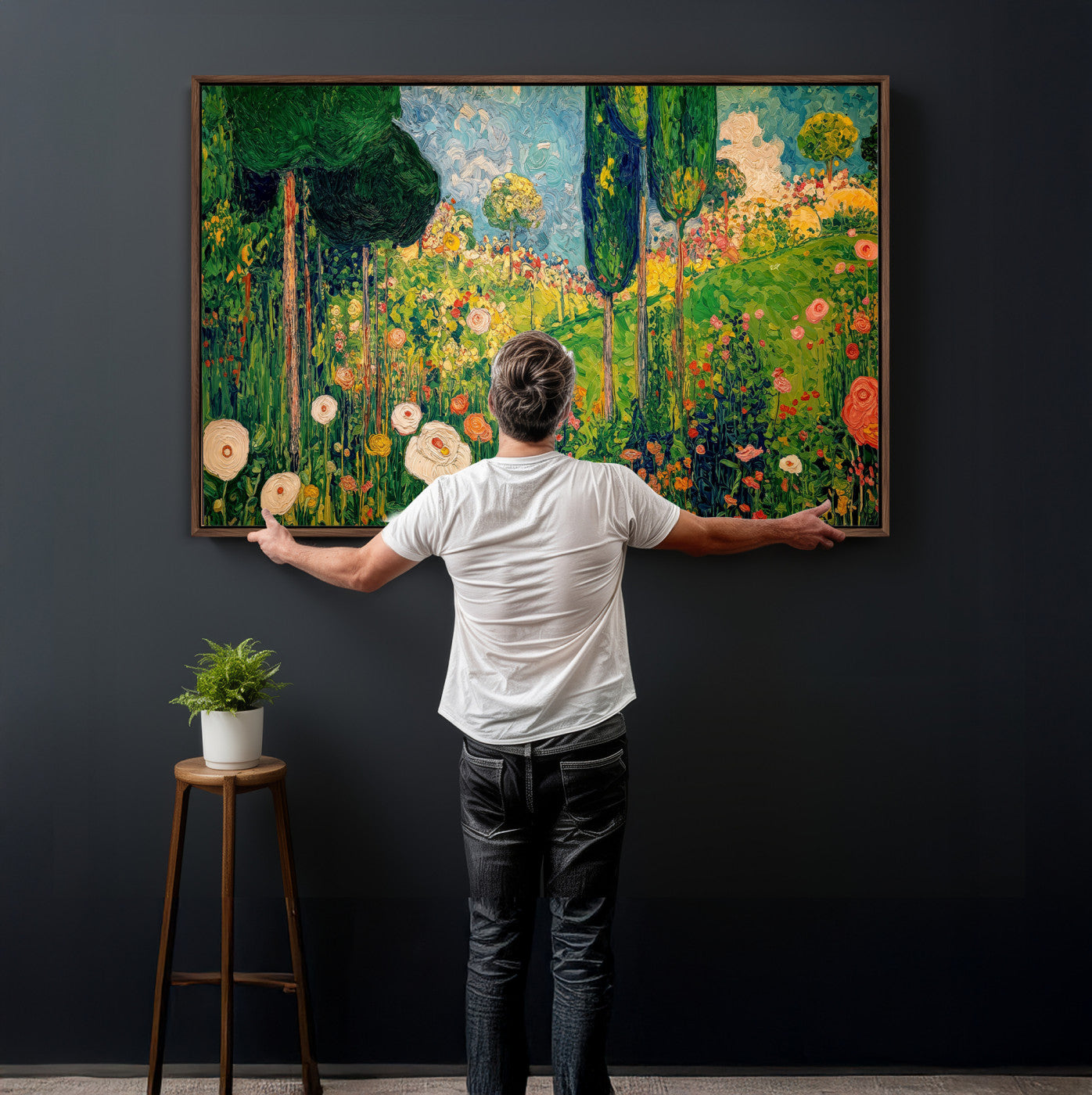 83517974-MGV-CV-36X24 - Gustav Klimt Boho Mountain Landscape Large Wall Art, Horizontal Gold Framed Canvas Print with Sun and Flowers