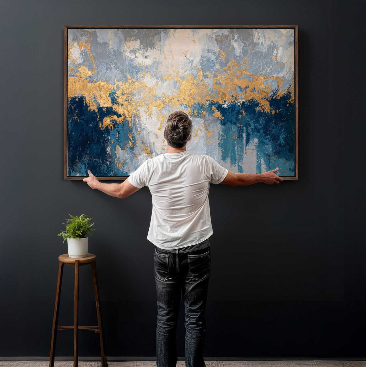 65386119-MGV-CV-36X24 - Blue Gold Abstract Large Framed Canvas Wall Art, Modern Luxury Painting Print in Horizontal Oversized Minimal Wall Decor Artwork