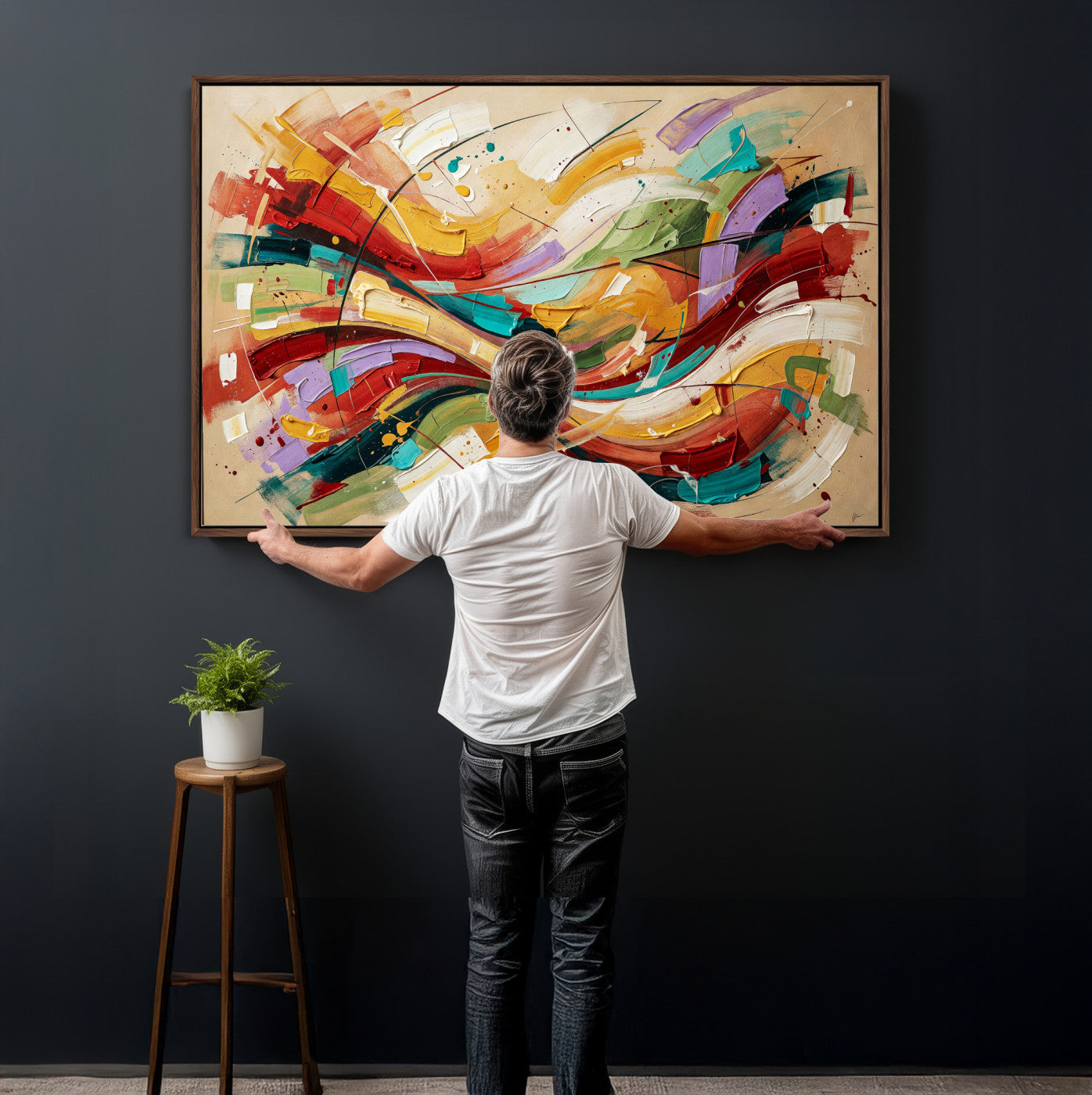 39887645-MGV-CV-36X24 - Geometric Abstract Wall Art Canvas Print, Orange Blue Abstract Expressionist Painting Print, Modern Geometric Abstract Canvas Art