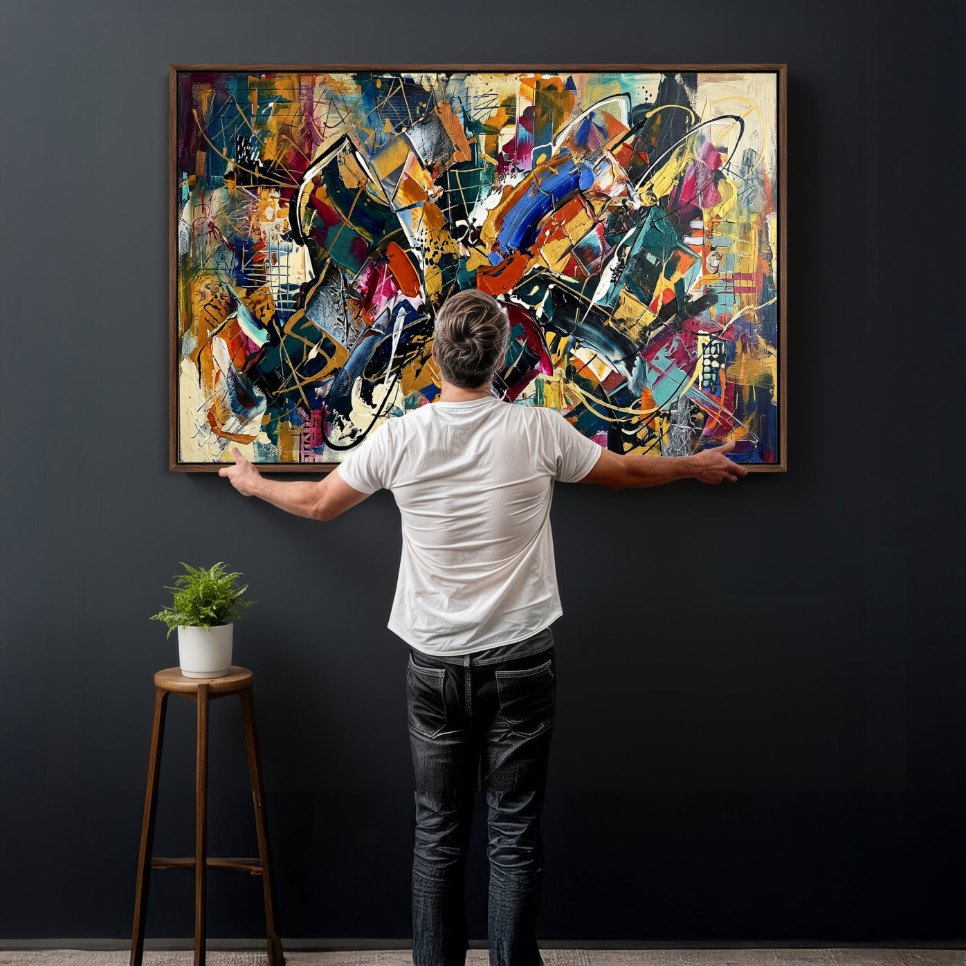 15525527-MGV-CV-36X24 - Geometric Abstract Wall Art Canvas Print, Orange Blue Abstract Expressionist Painting Print, Modern Geometric Abstract Canvas Art
