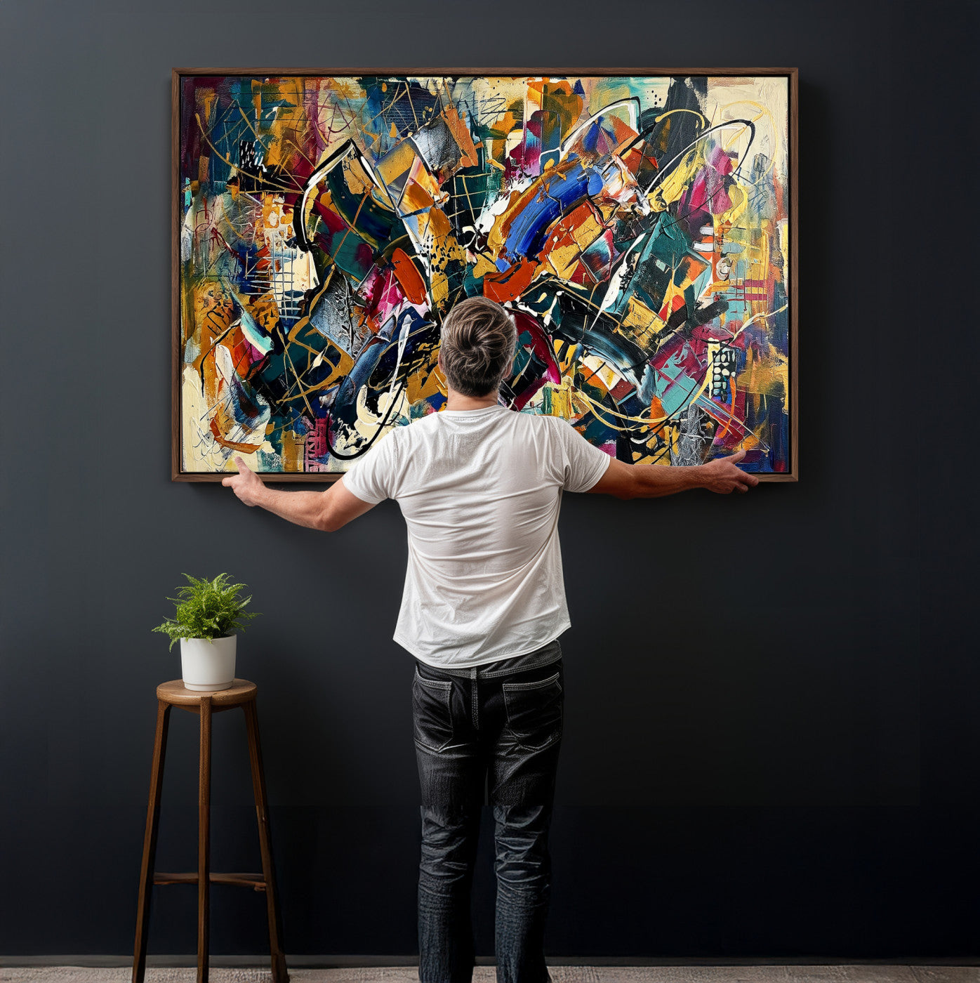 15525527-MGV-CV-36X24 - Geometric Abstract Wall Art Canvas Print, Orange Blue Abstract Expressionist Painting Print, Modern Geometric Abstract Canvas Art