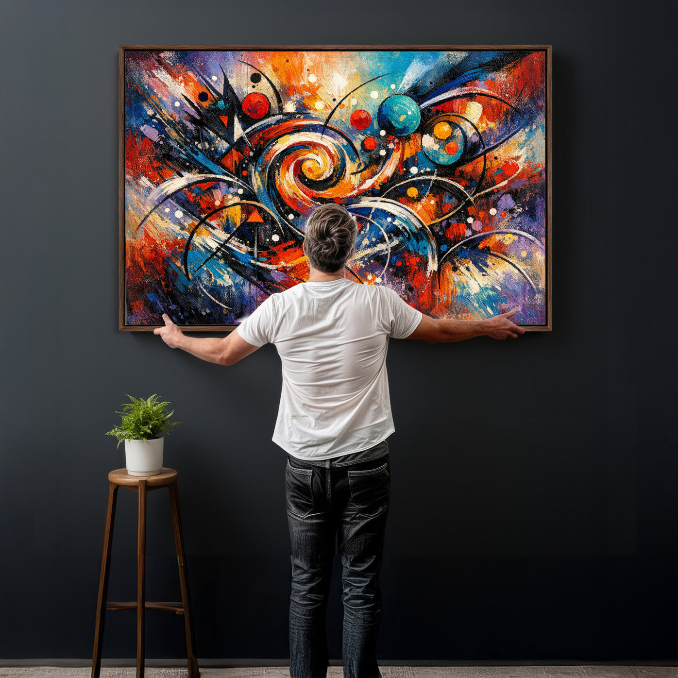 60193267-MGV-CV-36X24 - Geometric Abstract Wall Art Canvas Print, Orange Blue Abstract Expressionist Painting Print, Modern Geometric Abstract Canvas Art