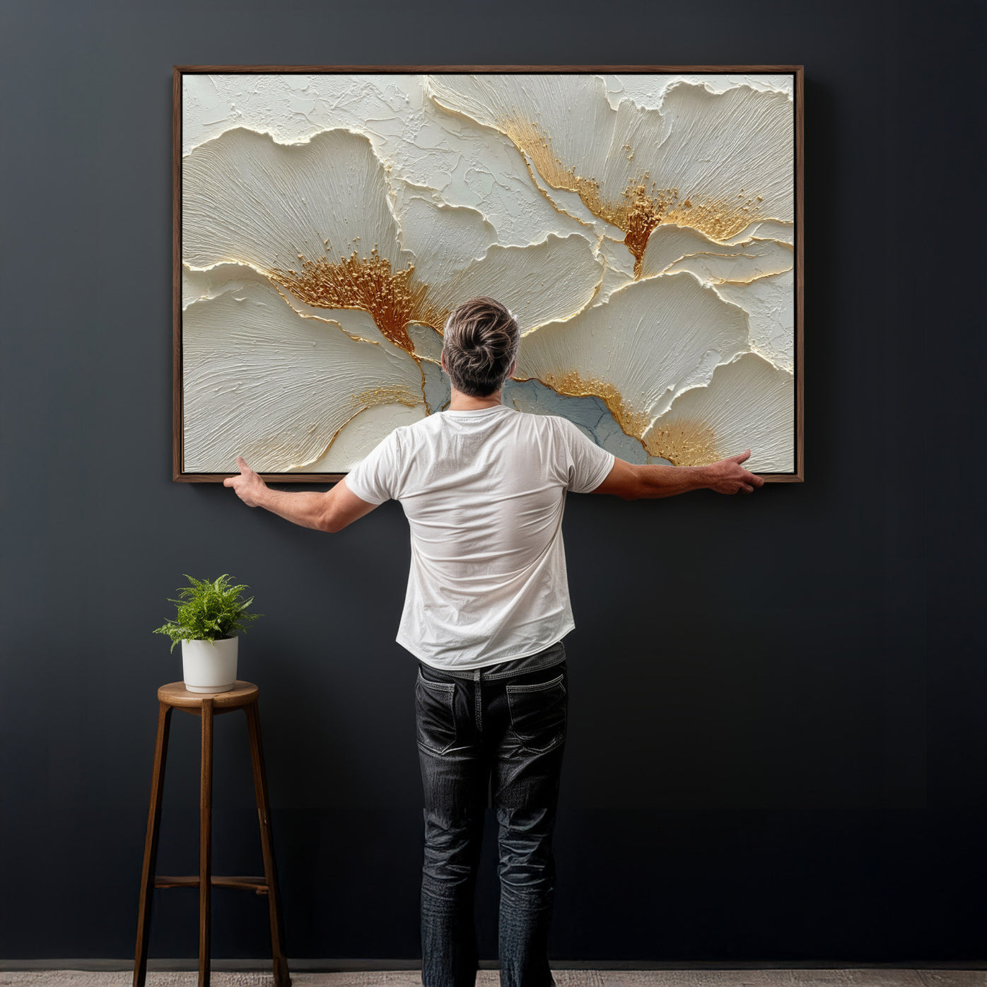 4712069F1-MGV-CV-36X24 - White Gold Floral Canvas Wall Art — Textured Flower Print | Luxury Botanical Decor | Elegant Bedroom Art | Gold Leaf Wall Art Gift