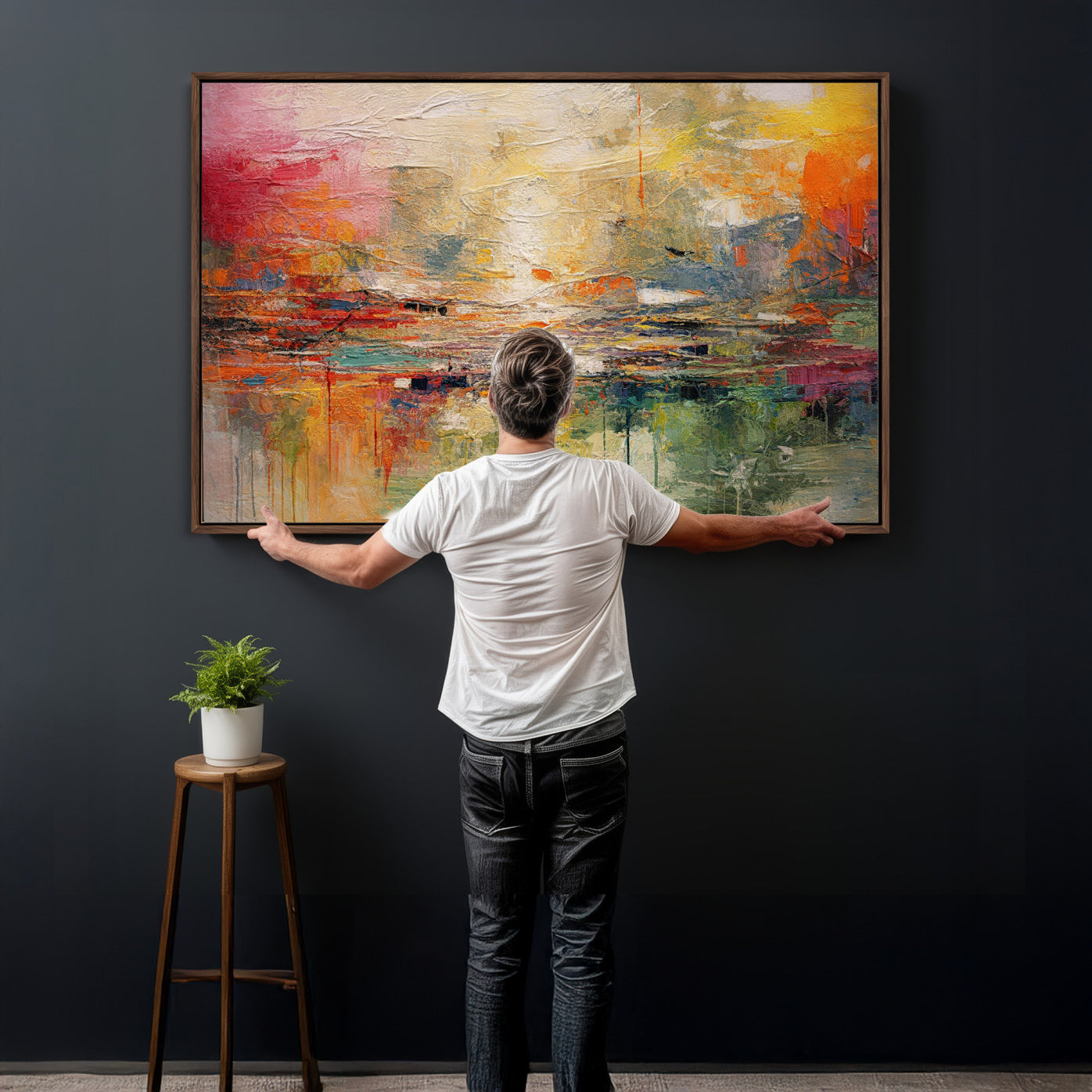 4712069P1-MGV-CV-36X24 - Colorful Abstract Canvas Wall Art — Large Textured Oil Painting Style Print | Orange Red Boho Wall Decor | Modern Living Room Art | Bold Wall Art