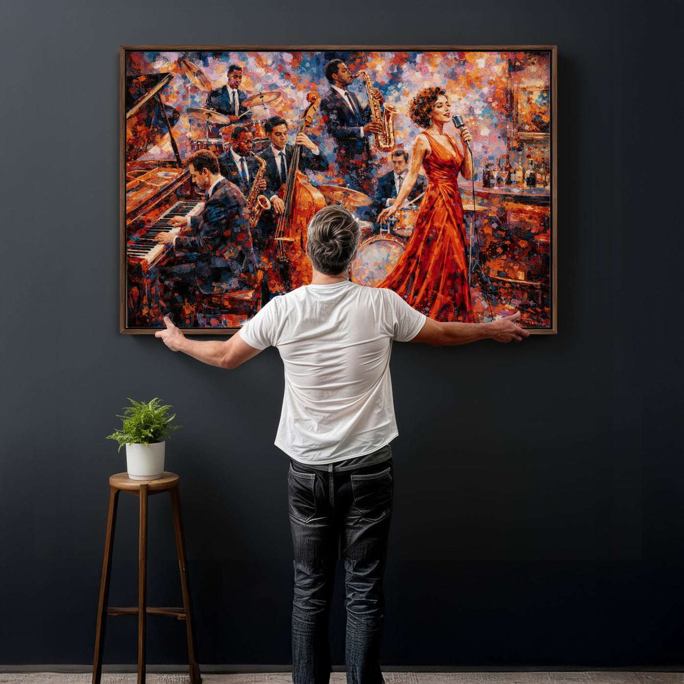 620930SF20-MGV-CV-36X24 - Jazz Band Canvas Wall Art — Jazz Club Singer Saxophone Print | Music Wall Decor | Bar Restaurant Art | Music Lover Gift | Jazz Home Decor