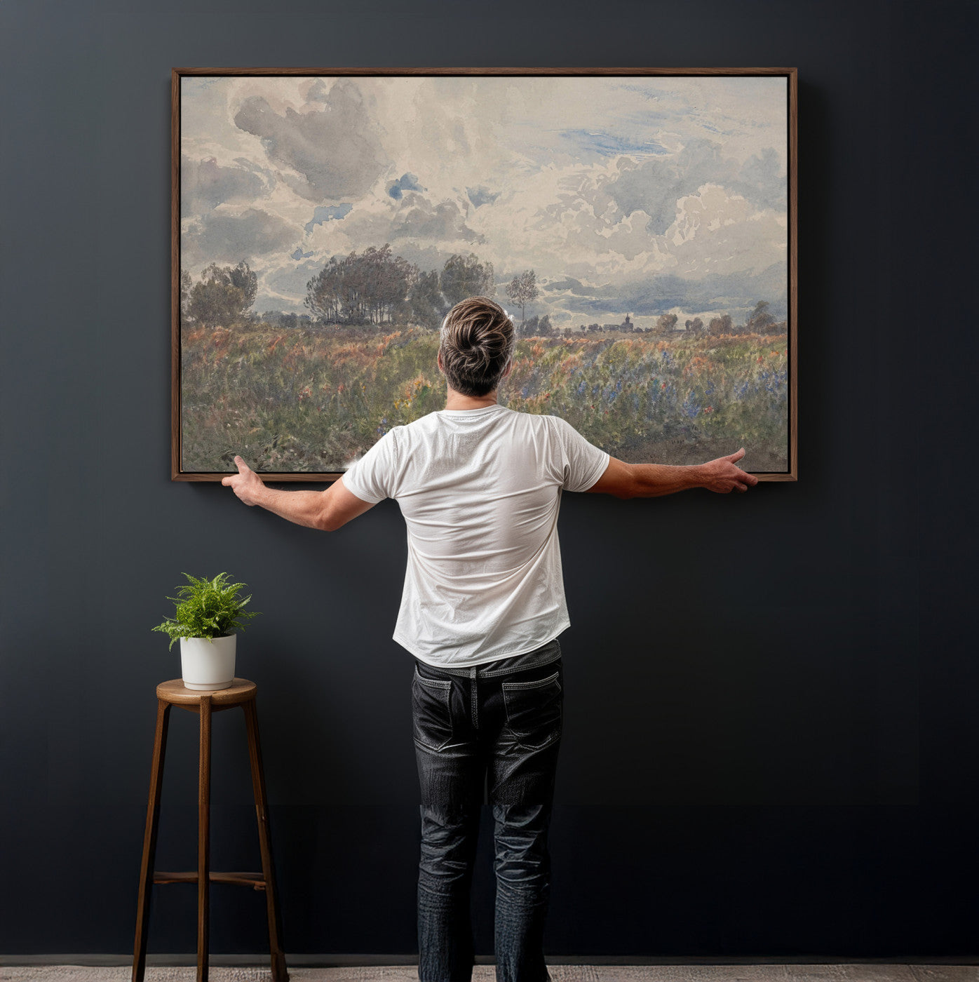 76626885-MGV-CV-36X24 - Vintage Watercolor Meadow Canvas Wall Art — English Pastoral Wildflower Storm Sky Print | Cottagecore Nature Decor | Classic Landscape Gift