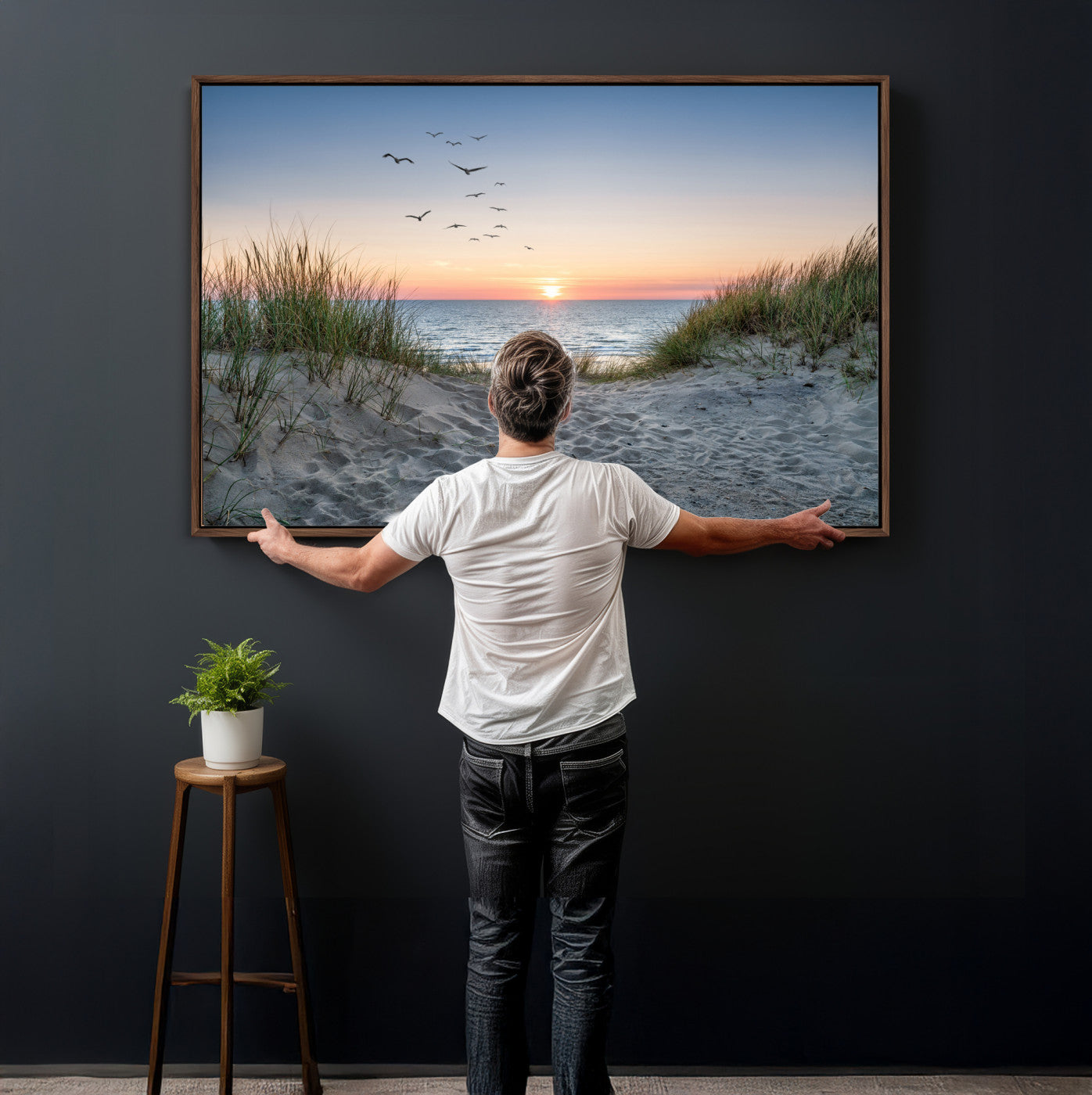 12172032-MGV-CV-36X24 - Sandy Dune Path Sunset Canvas Wall Art — Seagulls Beach Ocean Photography Print | Coastal Home Decor | Nautical Wall Art | Beach House Gift
